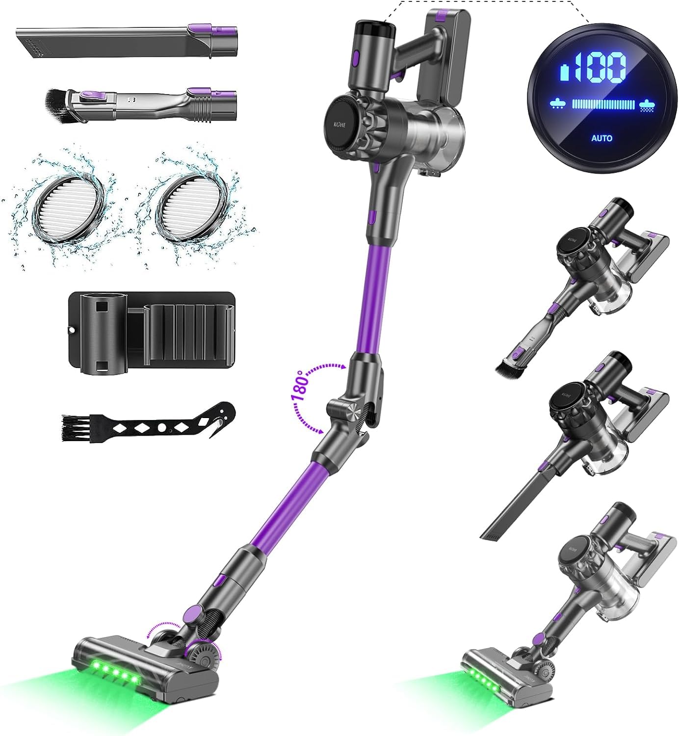 KOHE K10 Aspirapolvere Senza Fili Potente 500 Watt 33 Kpa, Scopa Elettrica Pieghevole, 3 Modalità di Potenza di Aspirazione Autonomia, Tubo Pieghevole, Viola