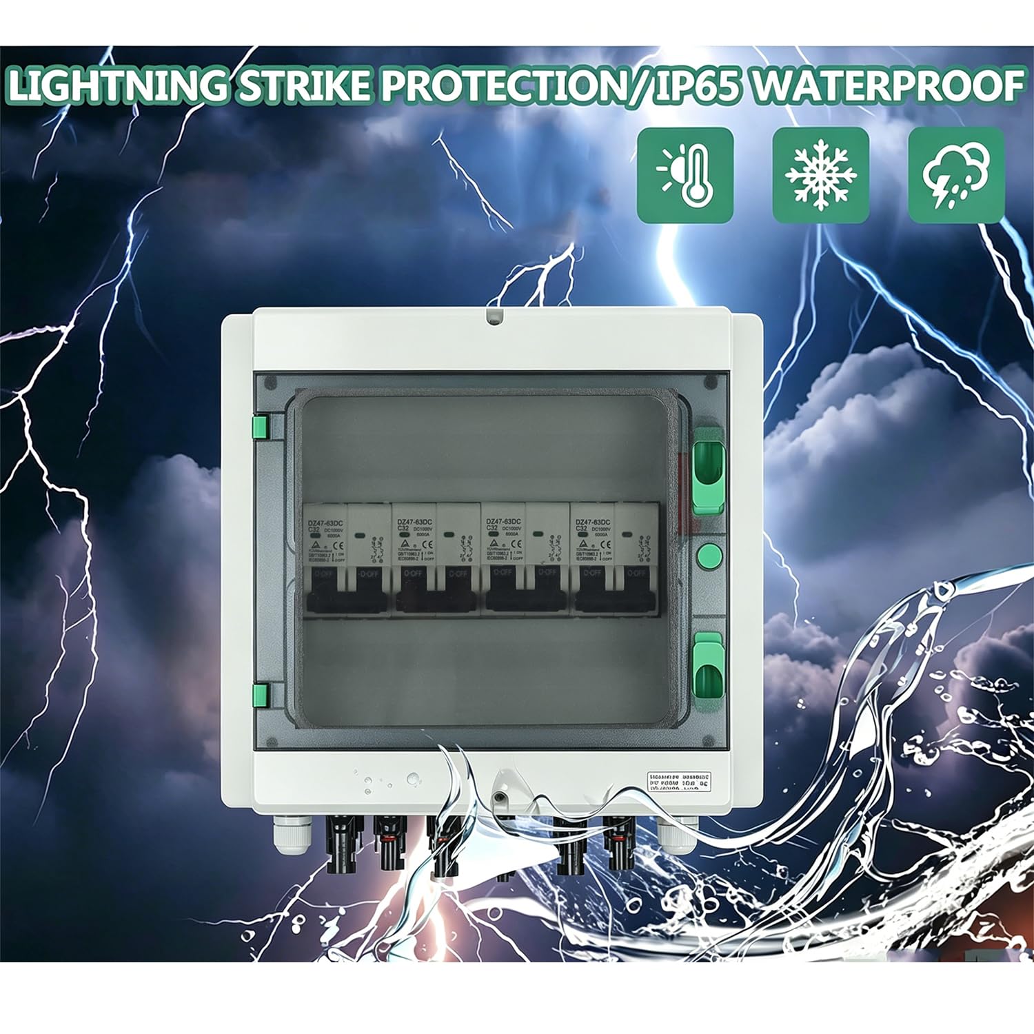 Überspannungsschutz PV DC1000V Blitzschutz Leitungsschutzschalter 32A DC Trennschalter PV Anlage, IP54 Wasserdicht & UV-Beständig Solar Anschlusskasten 4 in 4 out