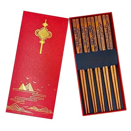 Chopsticks Reusable- Chinese Style Chopsticks, Dragon and Phoenix Chopsticks Set, Natural Wooden Chopstick Gift Set ?5 Pairs)