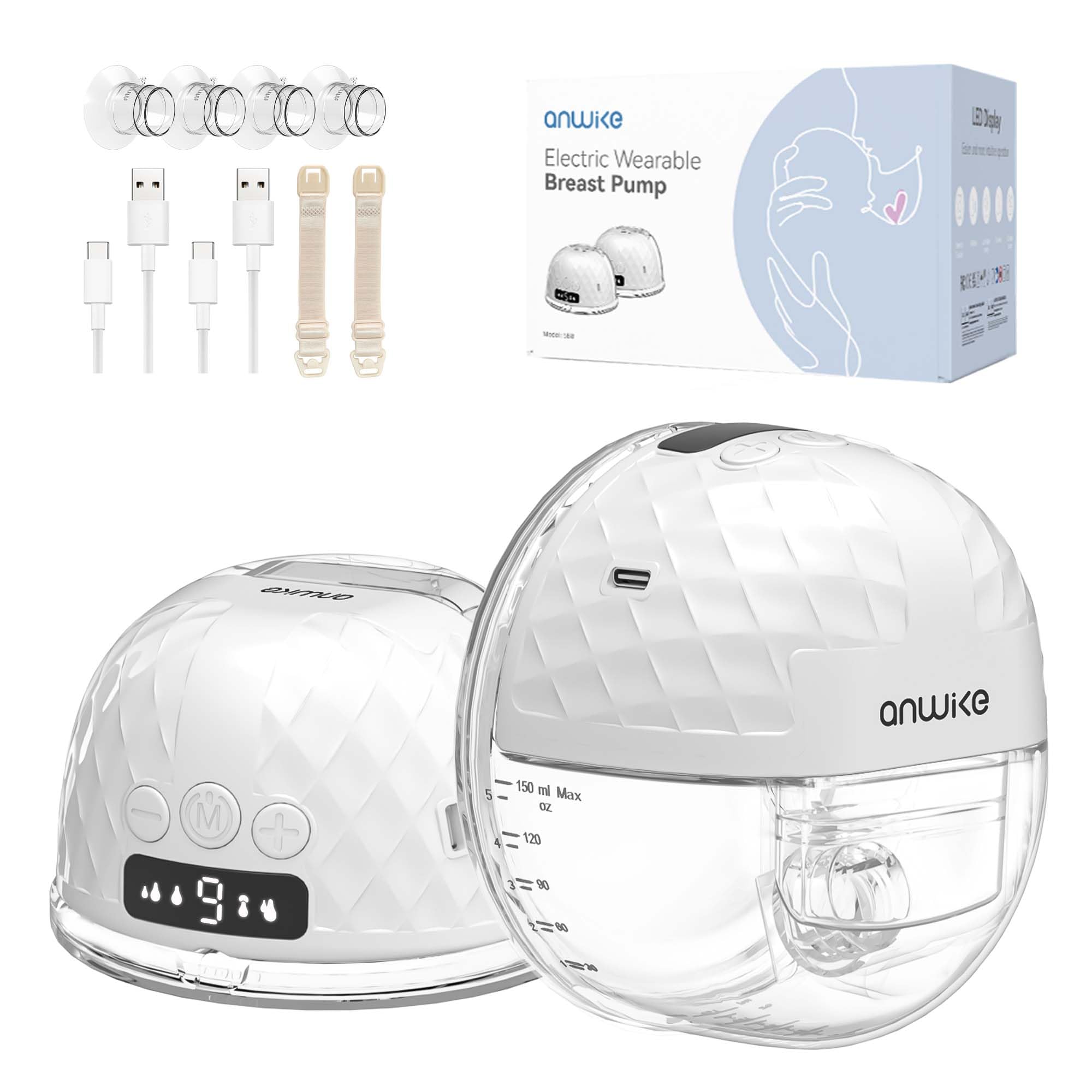 Electric Breast Pump, 338mmHg Strong Suction Hospital Grade Hands Free Breast Pump, 9 Levels 4 Modes with LED Display, Rechargeable Double Wearable Breast Pump Electrical with 21/24 mm Flange Inserts