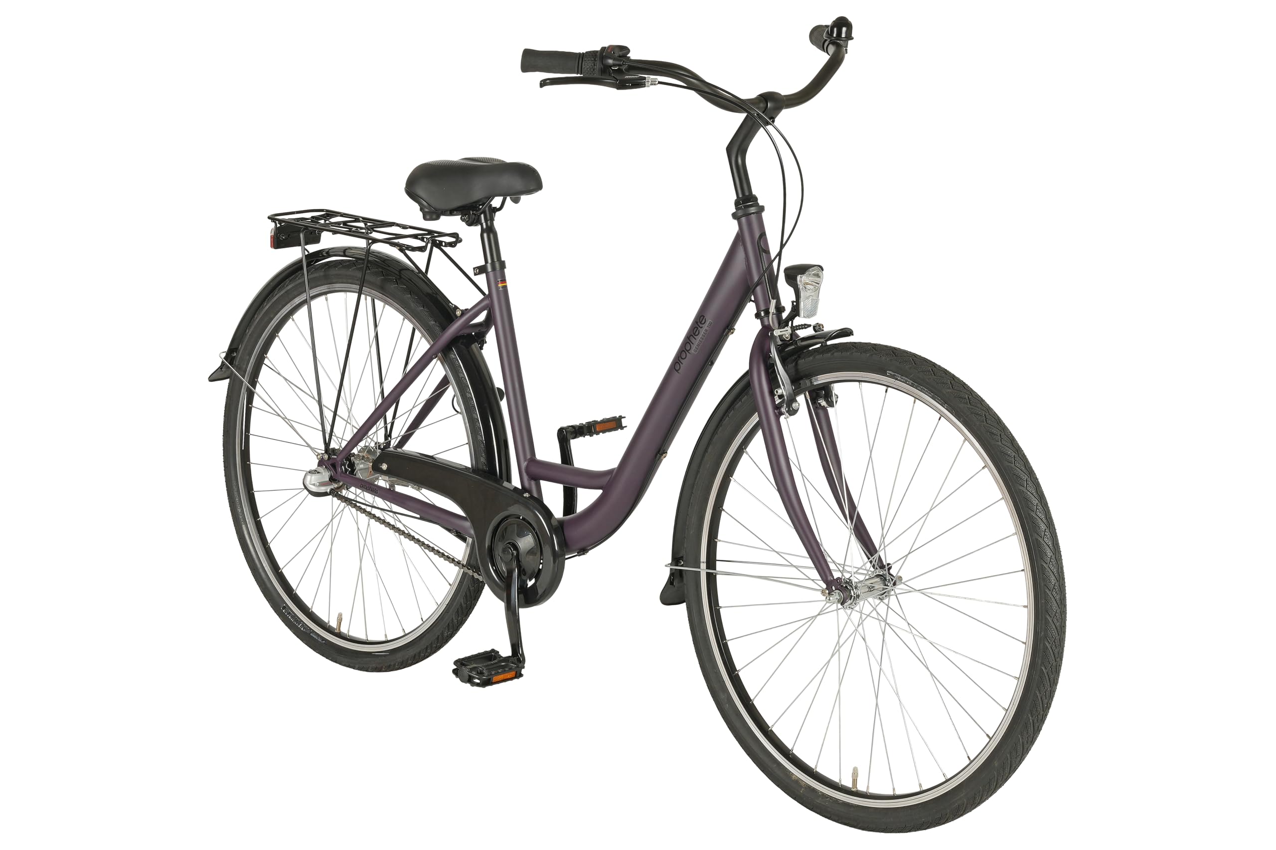 Prophete GENIESSER 100 28 Zoll Citybike Damen mit 3 Gang Nabenschaltung LED Beleuchtung Rücktrittbremse und V Bremse RH 46 cm Dark Purple matt