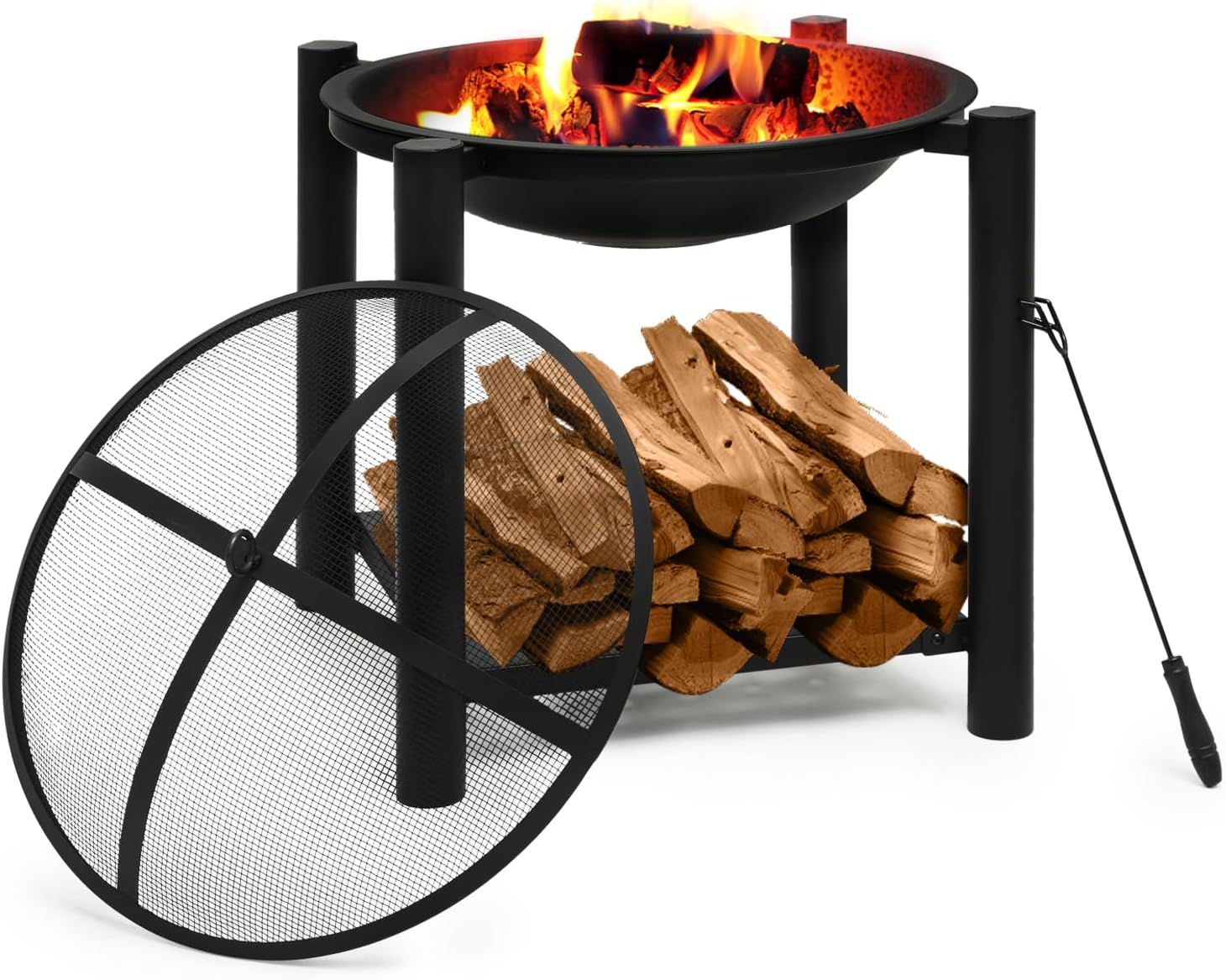 Magshion Outdoor Fire Pit, 21-Inch Round Wood Burning Outdoor Firepit for Patio with Wood Storage, Portable Poker and Spark Screen