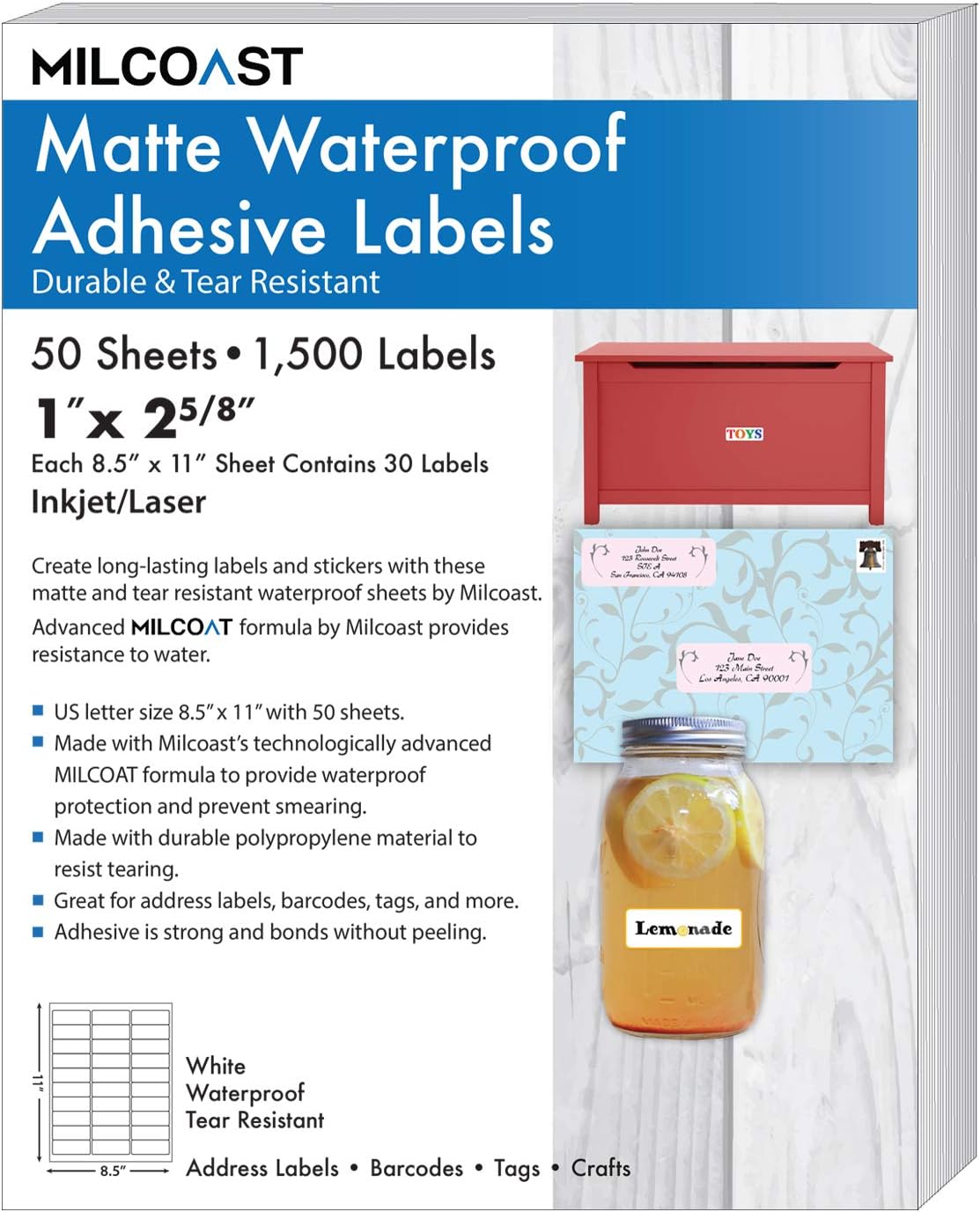 Milcoast Matte Waterproof Tear Resistant Address Labels 1" x 2 5/8" for Inkjet/Laser Printers 1500 Labels - 50 Sheets