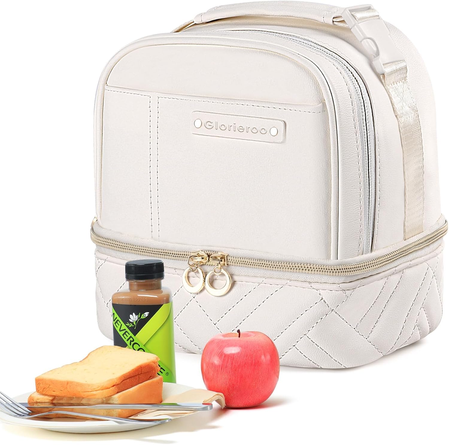 Double Deck Lunch Box Bag Women - Vegan Leather Insulated Waterproof Leakproof Cooler for Work Travel Picnics - Teacher Mothers Day Christmas Birthday Gifts