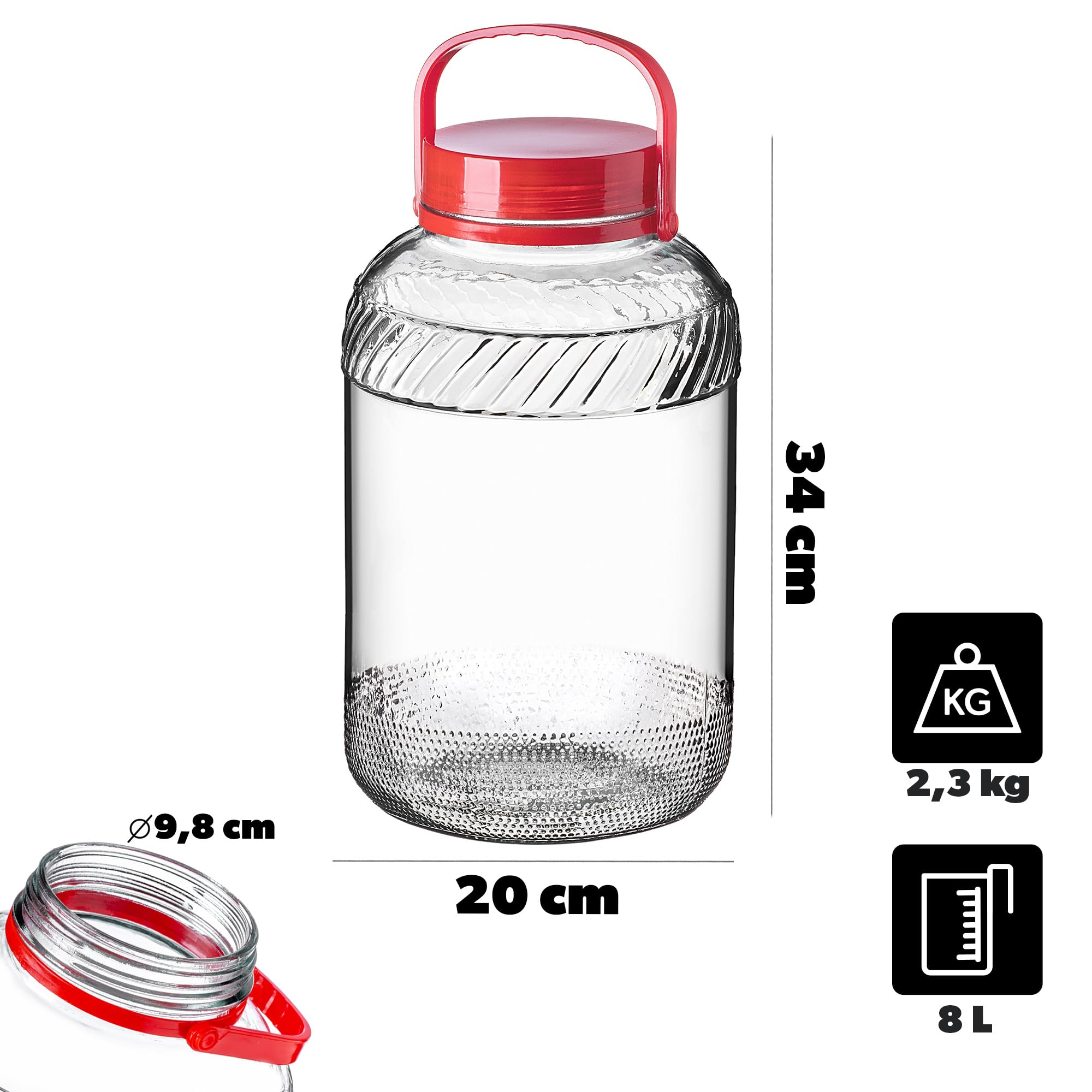 KADAX Barattolo di fermentazione grande in vetro, contenitore di conservazione con coperchio ermetico, ideale per la preparazione di sottaceti e crauti (8L)