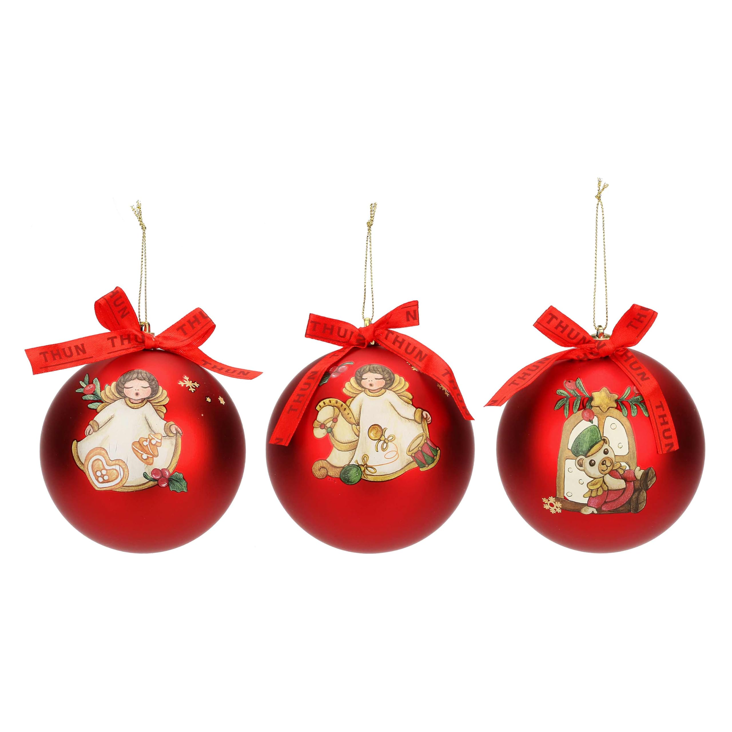 Lot De 3 Boules De Noël Rouges Grandes Thun – Diamètre 10 Cm, 100% Polyester, Déco Sapin Festive Et Traditionnelle