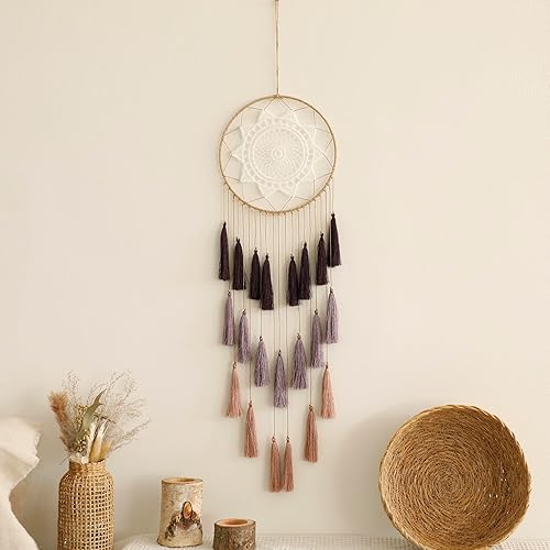 Artilady Atrapasueños de macramé para dormitorio, borla para colgar en la pared, hecho a mano, atrapasueños, decoración del hogar con borla, adorno