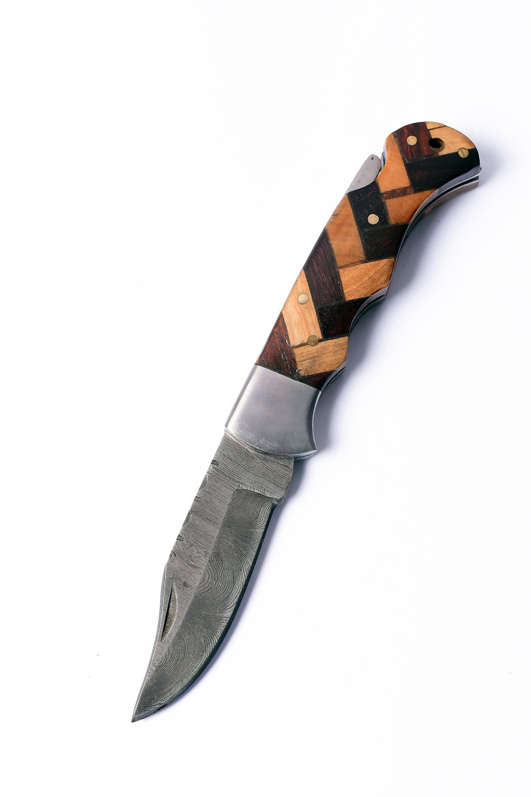 Premium Handmade Damascus Folding Pocket Knife Set With Leather Sheath - Perfect for Hunting (Multiwood)