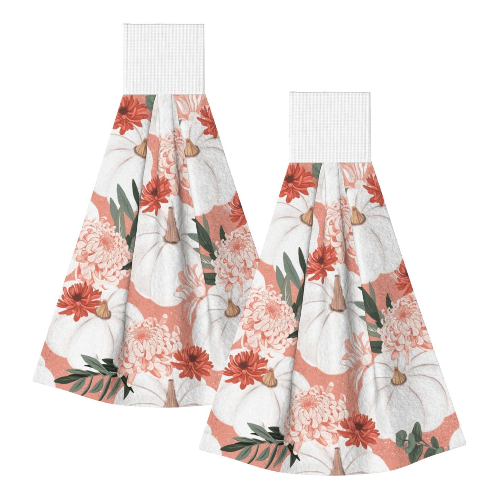 DOPKLNA Pumpkin Thanksgiving Pink Dahlia Flower Autumn, 2 Pcs Hanging Coral Fiber Hand Towels for Bathroom, Absorbent Kitchen Towels