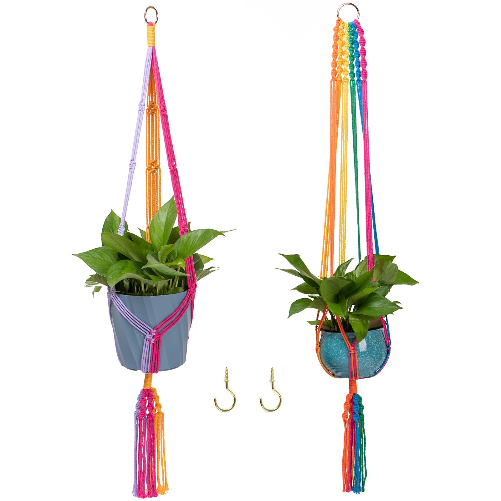 HOWMAX Rainbow Colorful Macrame Plant Hanger with 2 Hooks, Hanging Plant Holder Indoor Outdoor, Handmade Cotton Rope for Boho Room Decor Hanging