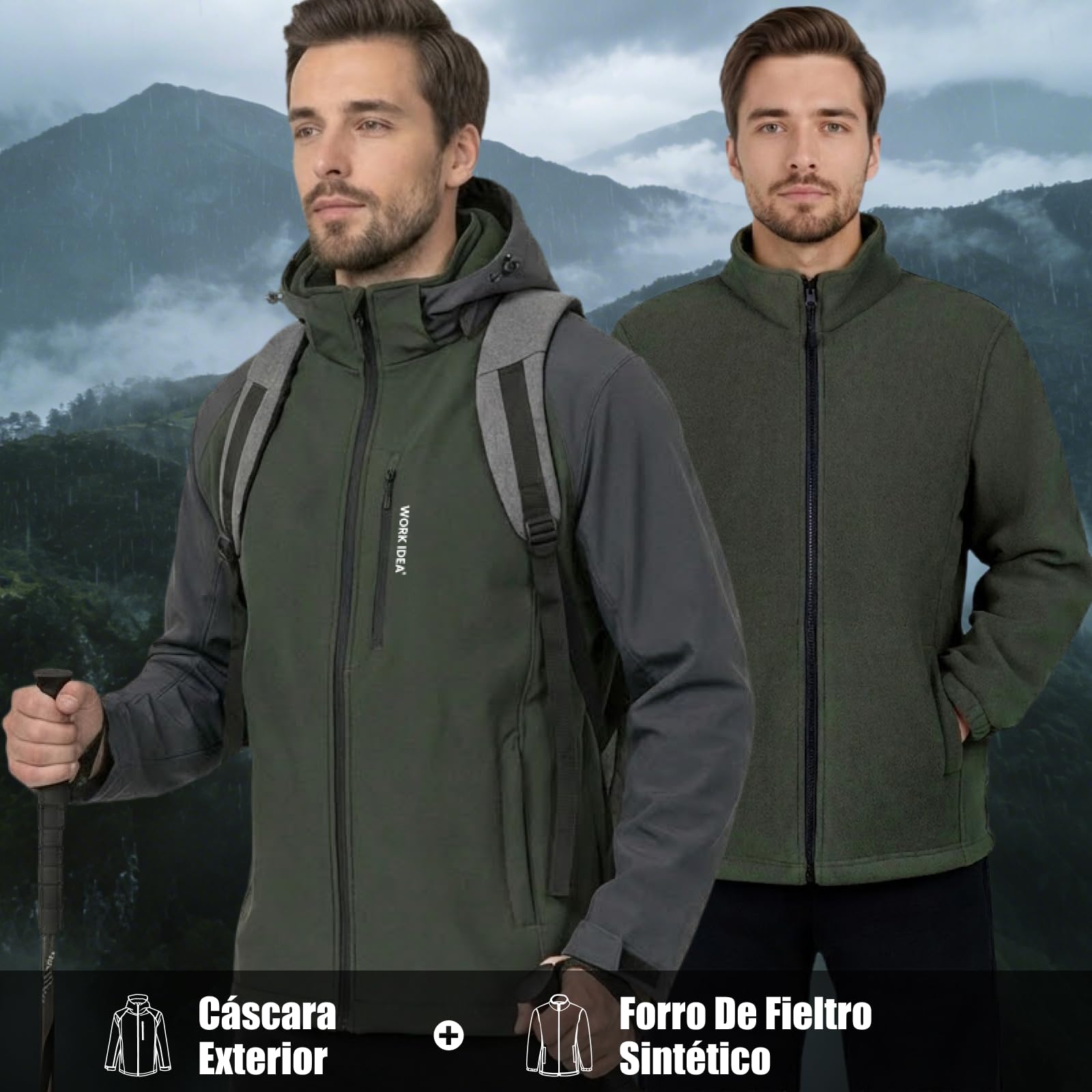WORK IDEA Chaqueta 3 en 1 para hombre, resistente al agua (columna de agua de 10000 mm), transpirable, resistente al viento con capucha y forro polar interior, chaqueta funcional para senderismo