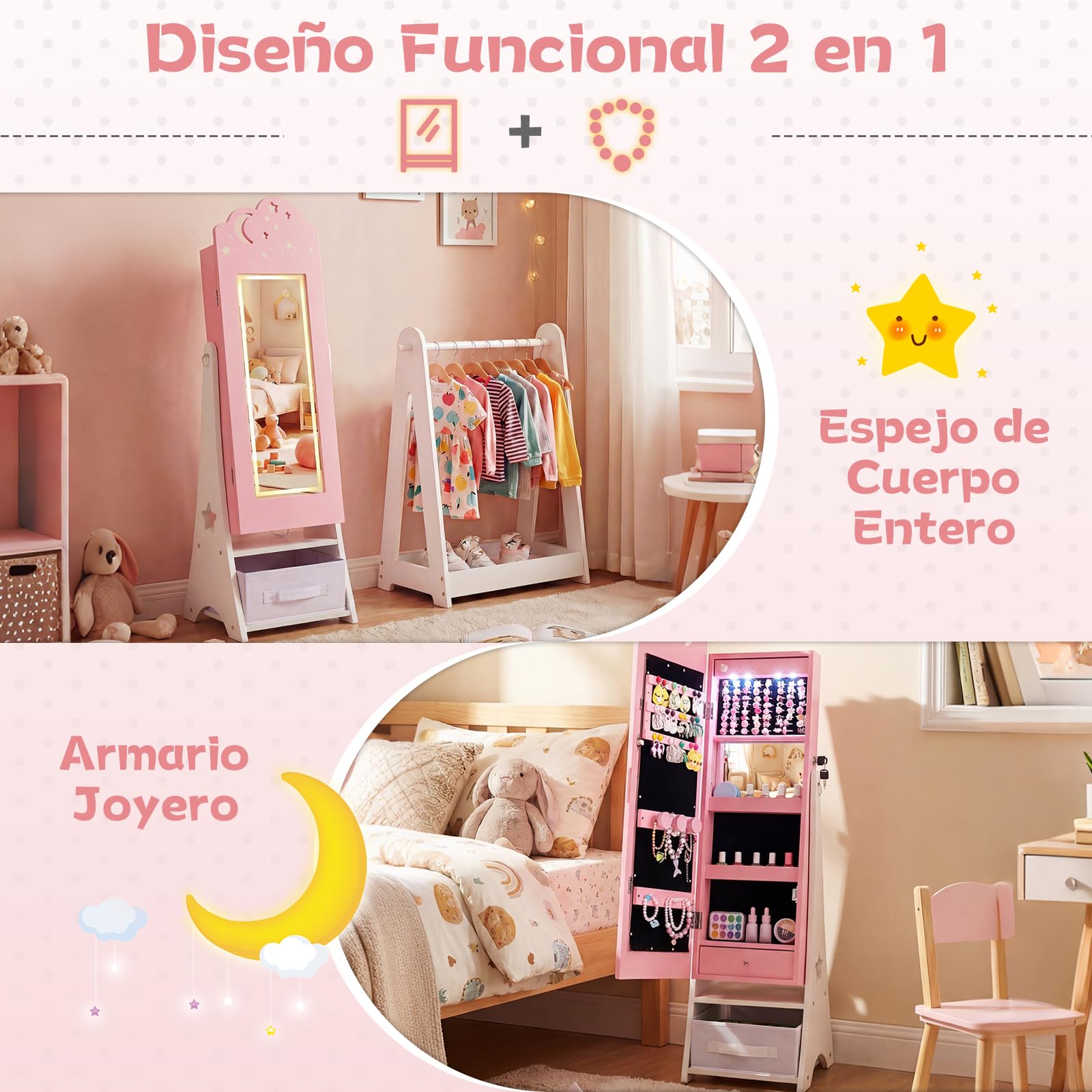 COSTWAY Armario para Joyas Infantil con Luces, Armario Joyero de Pie para Niñas con Espejo de Cuerpo Entero, 4 Luces con Sensor, Espejo Joyero para Princesas para Dormitorio Sala de Juegos (Rosa)