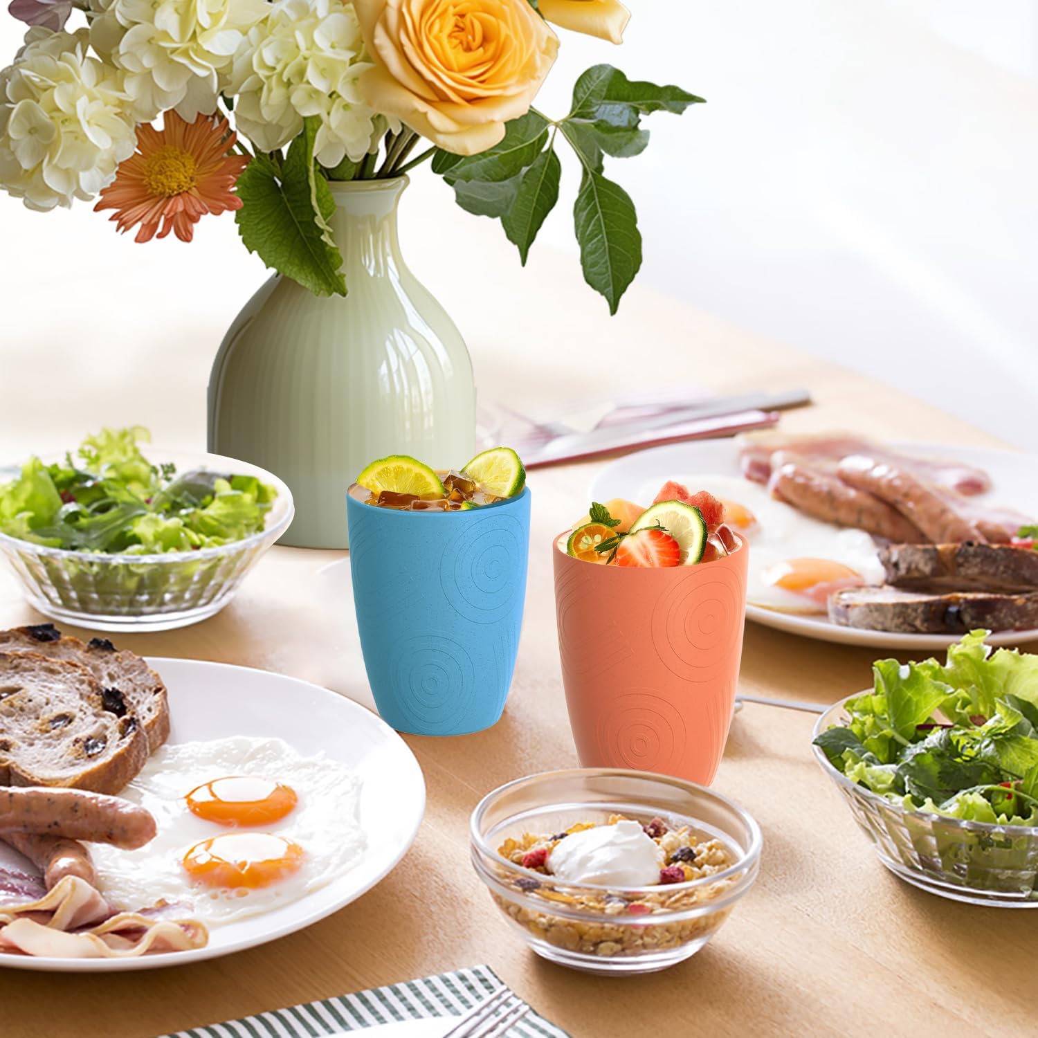 Homienly Drinking Glasses & Shatterproof Cups Set of 4 | Premium Wheat Straw, Non-Toxic Reusable Plastic Cups | Dishwasher & Microwave Safe for Beach, Camping... (12 oz, Beach Color) - Image 7