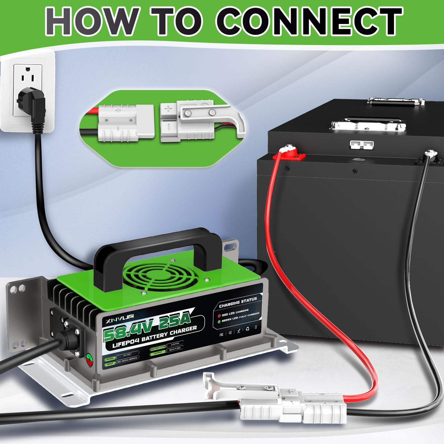 Caricabatterie automatico intelligente LiFePO4, da 58,4V 25A progettato per batterie al litio LiFePO4 da 48V (51,2 V)