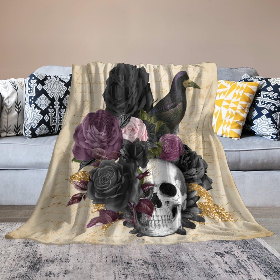 Couverture polaire squelette crâne corbeau rose grand plaid lit canapé - 6