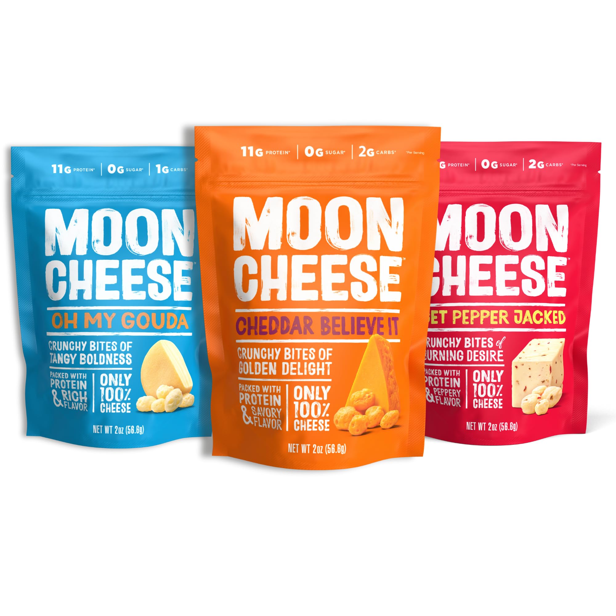 Moon Cheese Variety Pack, Cheddar, Gouda & Pepper Jack, Crunchy, Protein-Rich Cheese Snack, Gluten Free, Keto Friendly, 100% Real Cheese, 2 Ounce (Pack of 3)