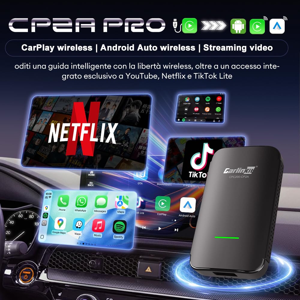 Carlinkit Adattatore CarPlay CP2A Pro senza fili - Supporta lo streaming di Netflix/YouTube/TikTok Lite per auto CarPlay cablate di fabbrica, dongle Android senza fili e per auto, USB-A/C