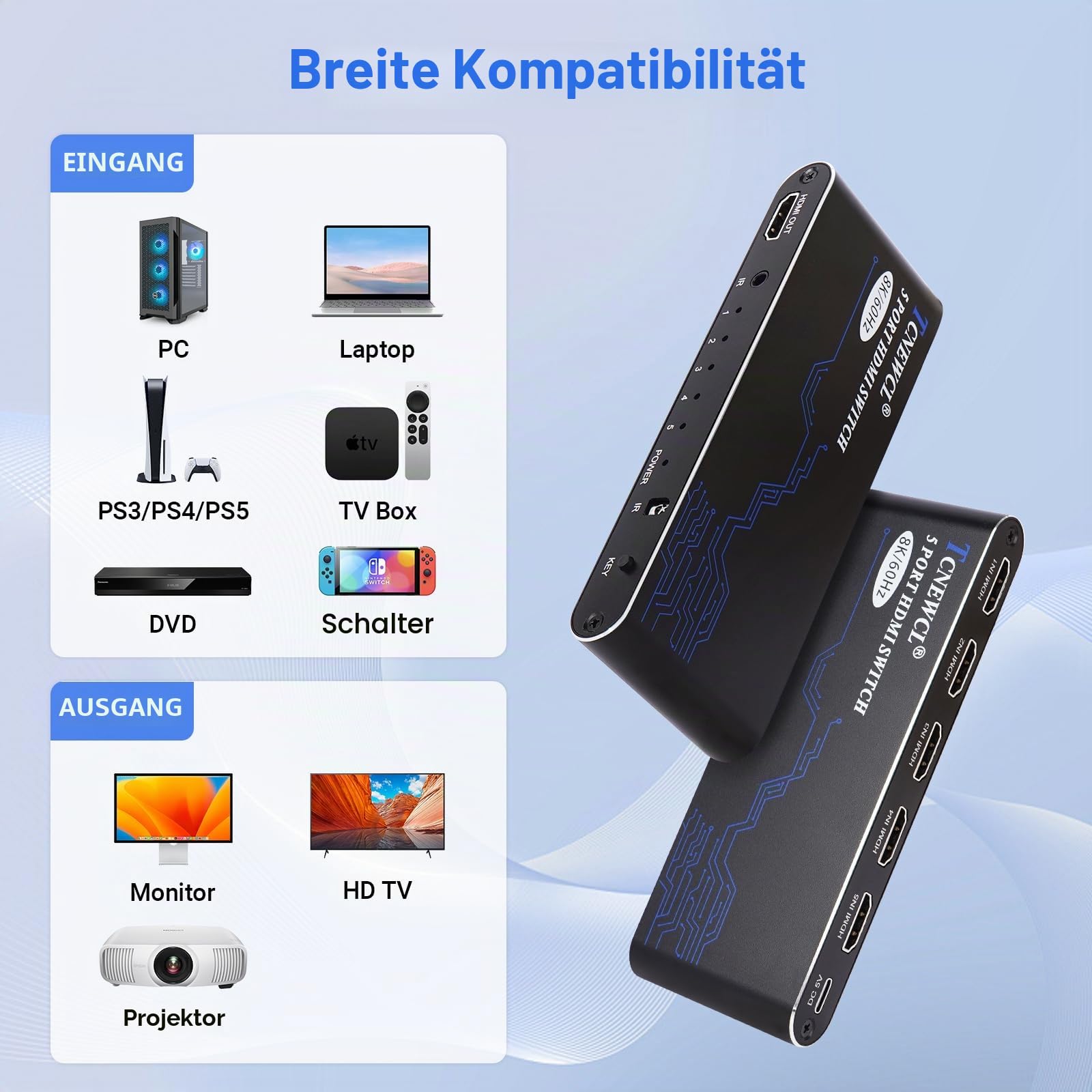 TCNEWCL HDMI Switch 5 in 1 Out, 8K/60Hz und 4K/120Hz HDMI 2.1 Umschalter, Selector Video Umschaltpulte mit IR Fernbedienung, für PS5/PS4/Xbox/Blu-Ray-Player/HDTV/DVD