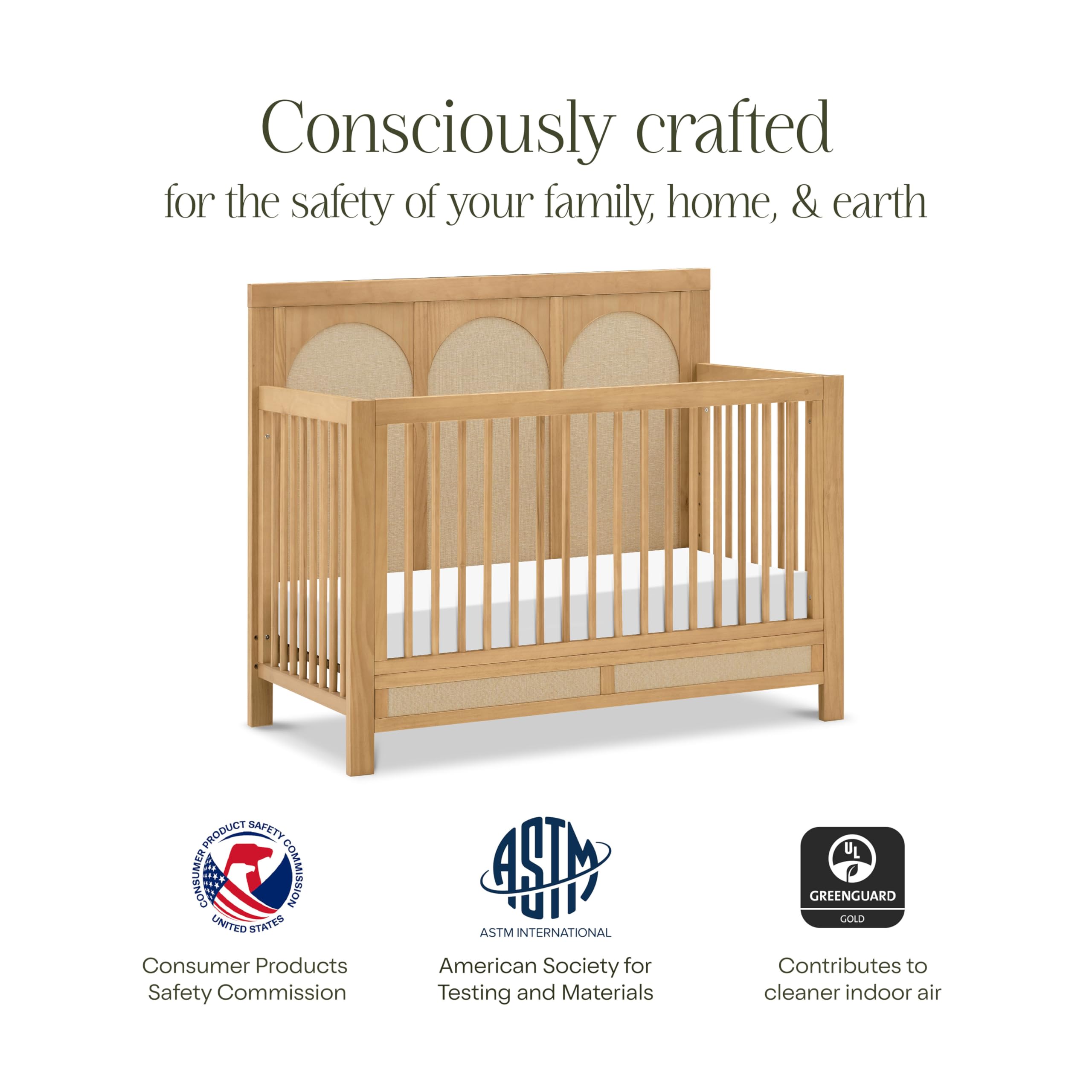 Namesake Eloise 4-in-1 Convertible Baby Crib with Wooden Toddler Bed, Daybed & Full-Size Bed Conversion - Easy to Assemble & GREENGUARD Gold Certified - 4 Adjustable Mattress Heights - Honey