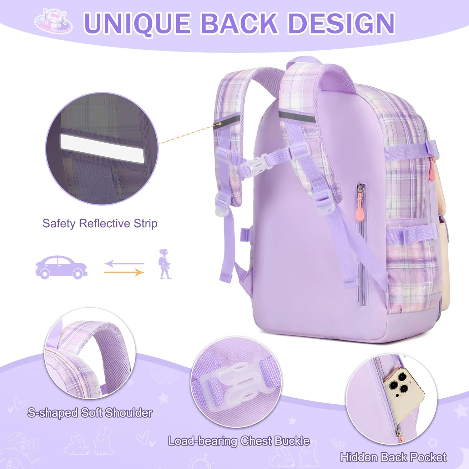 Girls Backpack Set, 3PCS Kids Backpack for Girls, Kawaii Bunny School Backpacks for Girl Kindergarten Elementary Preschool Middle School Bags with Lunch Box Pencil Case Purple-Plaid