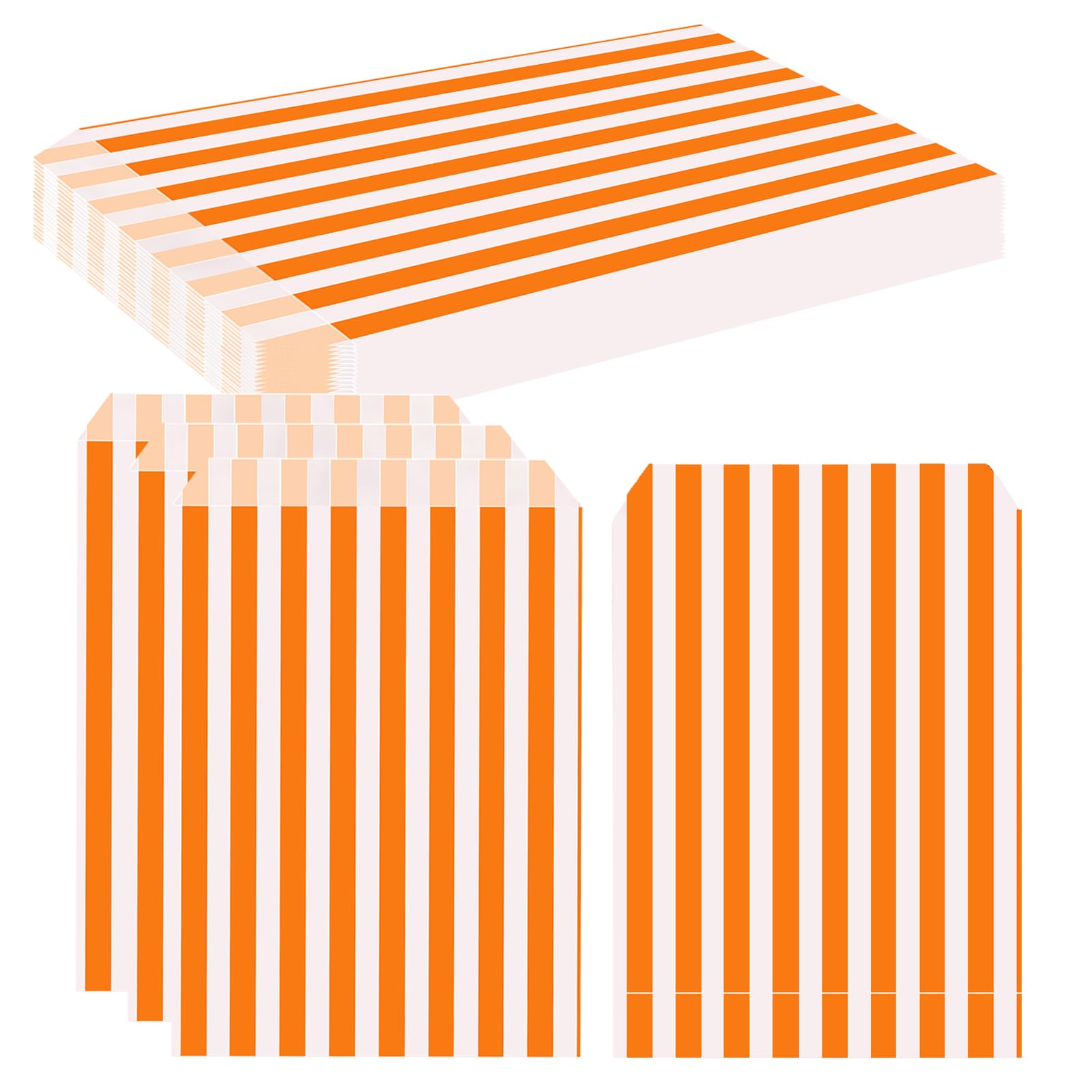 Striped Sweet Paper Bags 100 Pack, 13 x 18 cm 5 x 7 Inch Orange Candy Treat Bags, Paper Party Favour Bags for Halloween Wedding Buffet Pick n Mix Popcorn Cake Gifts