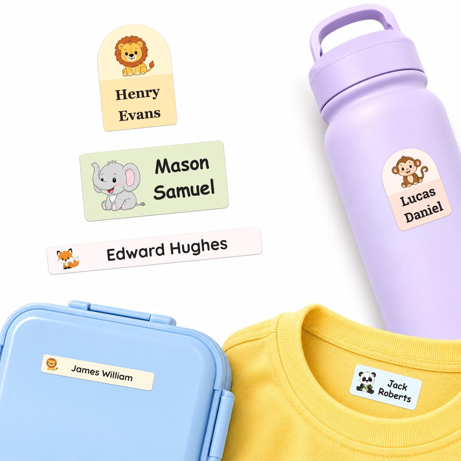 Pack of 82 Childrens Name Stickers 3 Sizes for Personalised Name Stickers for Clothes Name Tags for Clothes Kids Papa Prints - Animal