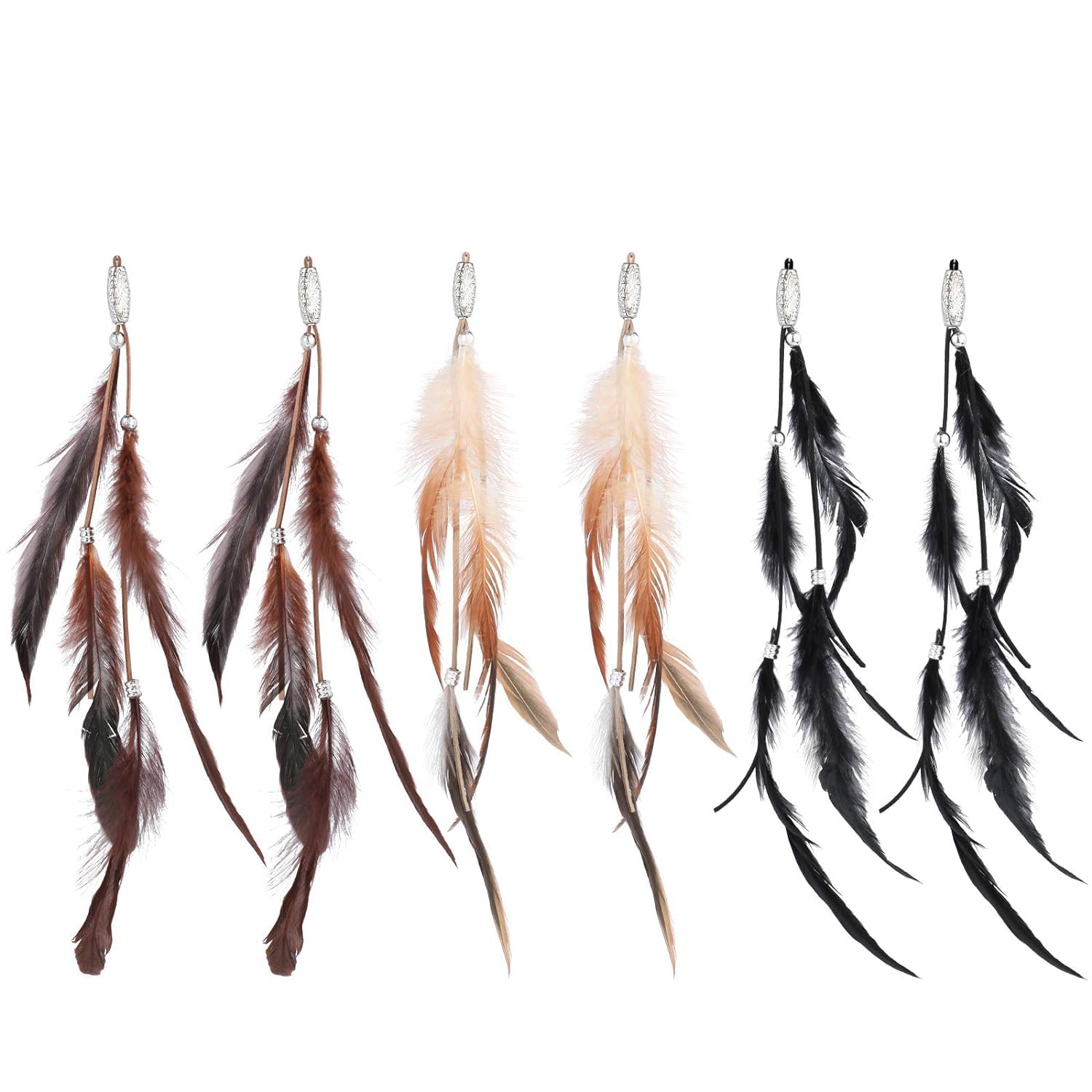 RONRONS6 Pack Handmade Boho Hippie Hair Extensions with Feather Clip Comb Headdress DIY Accessories for Women (Brown, Black, Khaki)