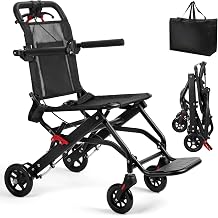 Ultra-Lightweight Folding Wheelchair, 8.2KG Carbon Steel Transport Chair with Ergonomic Handbrake, PU Wheels & Safety Strap for Seniors, Travel, Indoor Outdoor Use Black