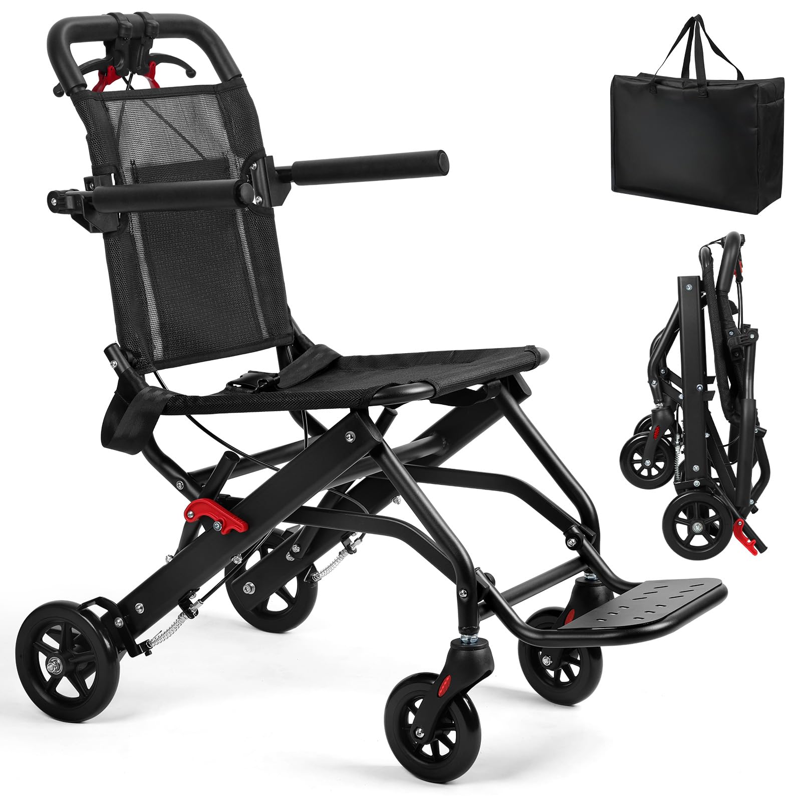Sillas de ruedas de transporte ligeras y plegables para adultos de solo 15 libras con asa telescópica, cinturón de seguridad, sillas de ruedas portátiles de viaje para personas mayores