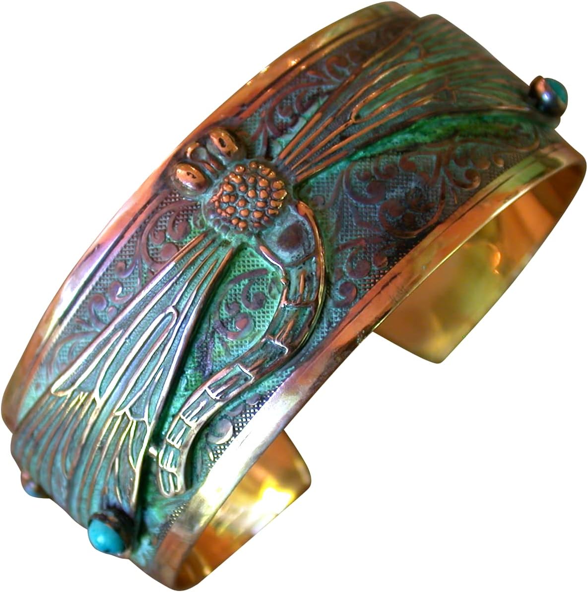 Elaine Coyne Verdigris Patina Decorative Dragonfly Wearable Art Cuff Bracelet - Turquoise