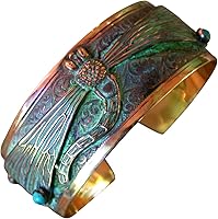 Vista 1 de Elaine Coyne Verdigris Patina Dragonfly Cuff Bracelet - Amethyst and Garnet