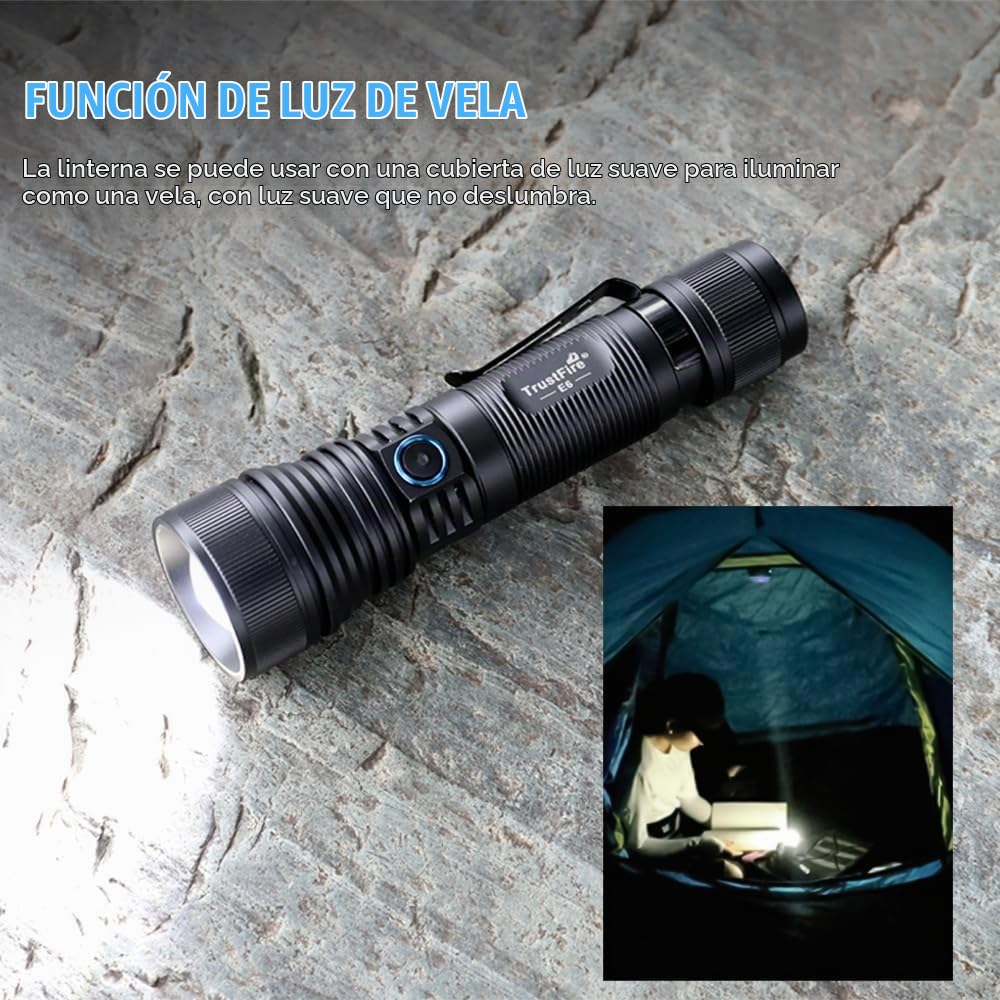 TrustFire E6 Linternas LED Alta Potencia, 1500 Lúmenes Recargable Linternas, 5 Modos de Luz, Zoomable, Linterna de Aluminio Enfoque Ajustable - Ultra Portátil para Ciclismo, Camping, Montañismo etc.