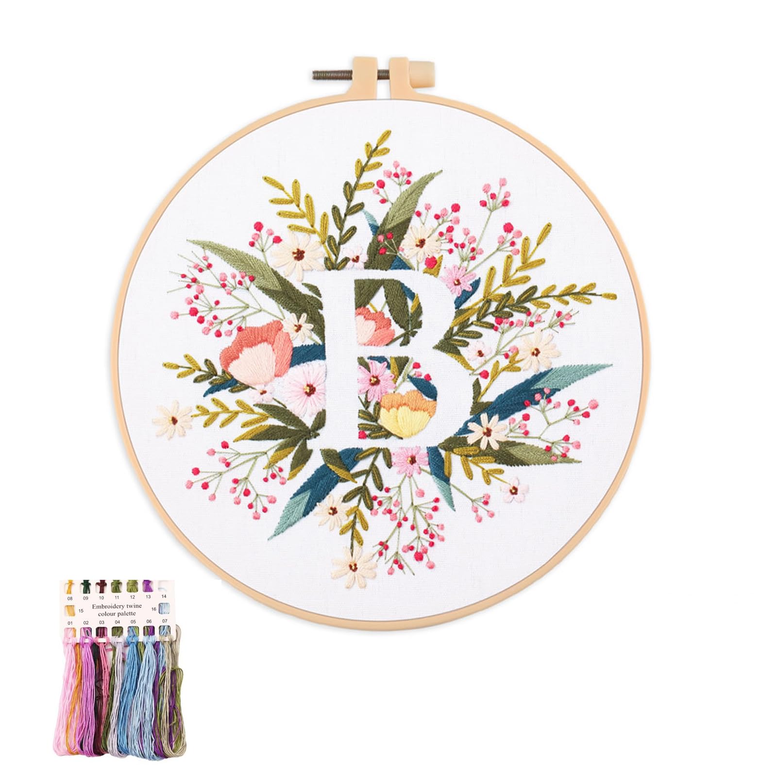 artcici Embroidery Kits Plant Flower Leaf English Letter Patterns for Beginners Adults, Full Range Embroidery Starter Kits Cross Stitch Needlework Supplies (Letter B)