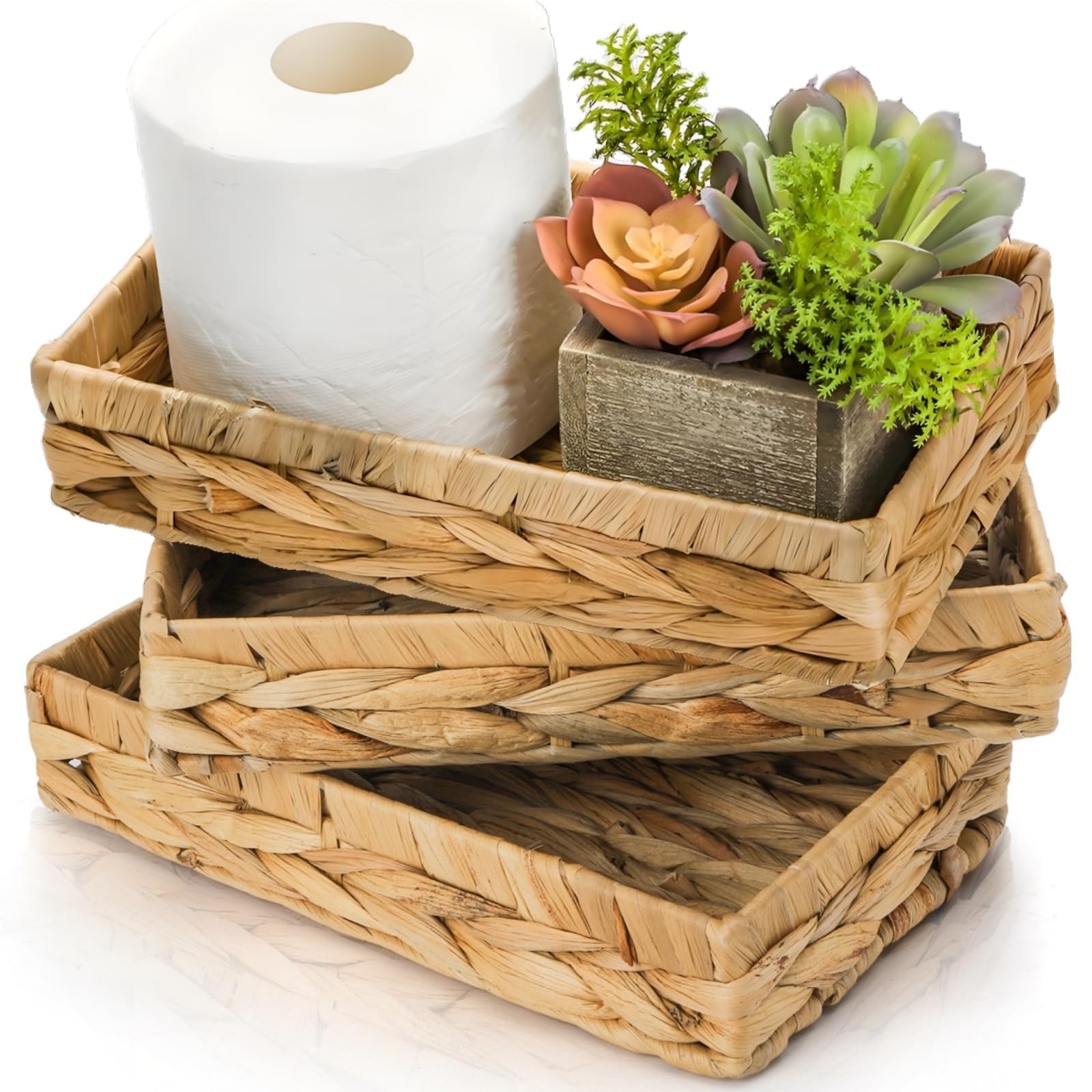 Eorbow 3 Packs Wicker Storage Trays, 10" Rattan Vanity Trays, Handwoven Toilet Paper Holder for Bathroom Towel, Rectangular Water Hyacinth Organizer