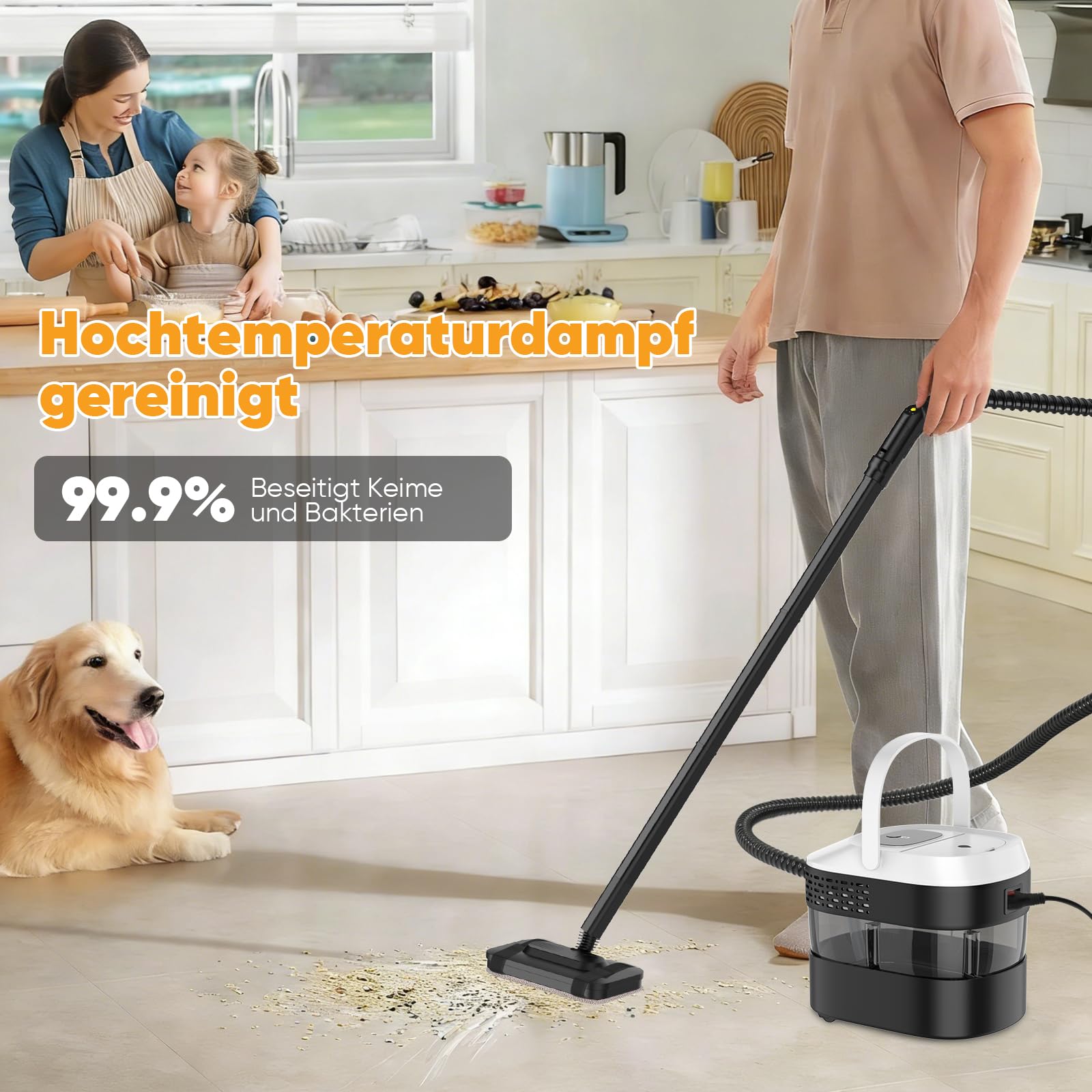 Dampfreiniger Mit 3 Stufig Verstellbarer Griff, Transportwagens, Mop, 1,6 L Wassertank, 15 Sekunden Aufheizzeit, 17 Zubehörteilen, für Boden, Küche, Fenstern,Badezimmern, Autos