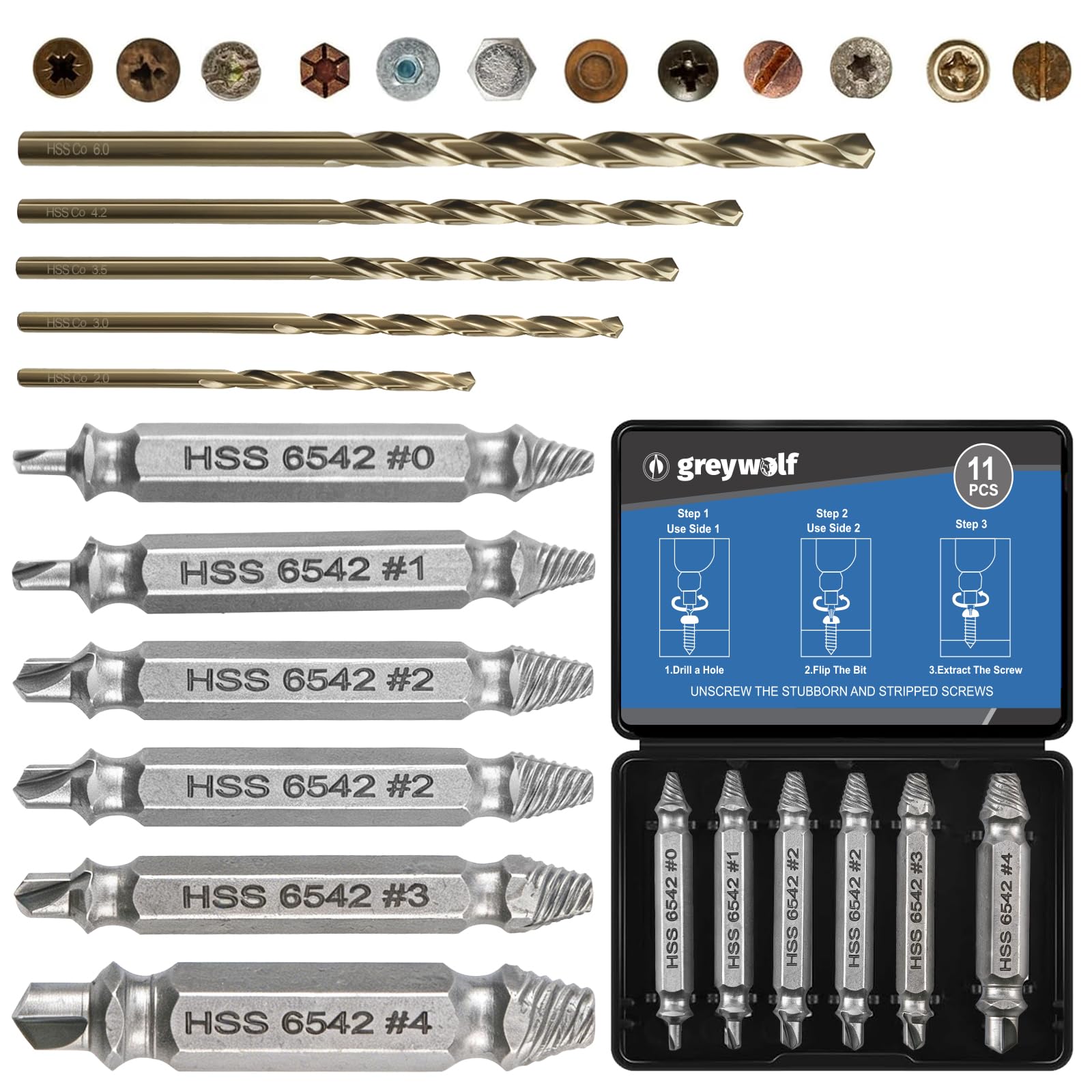 Greywolf 11-teiliges Schraubenausdreher-Set für beschädigte Schrauben, Härte 63-65HRC, Schraubenausdreher-Set und 5-teiliges HSS-Bohrer-Set, Bolzenausdreher-Set für beschädigte, gebrochene
