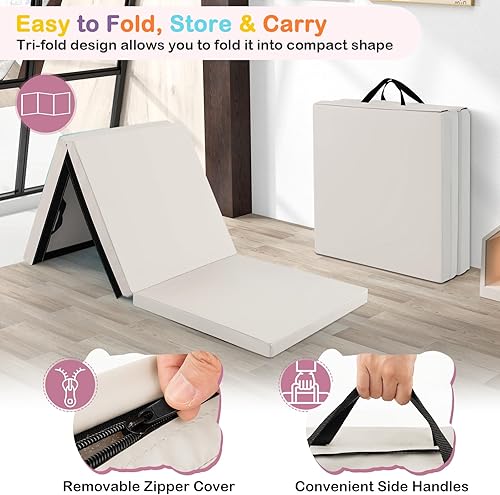 Miniatura 4 de GYMAX Colchoneta de gimnasia plegable, triple de 6 x 2 x 2 pulgadas, con asas de transporte, piel sintética impermeable, cierres de velcro,