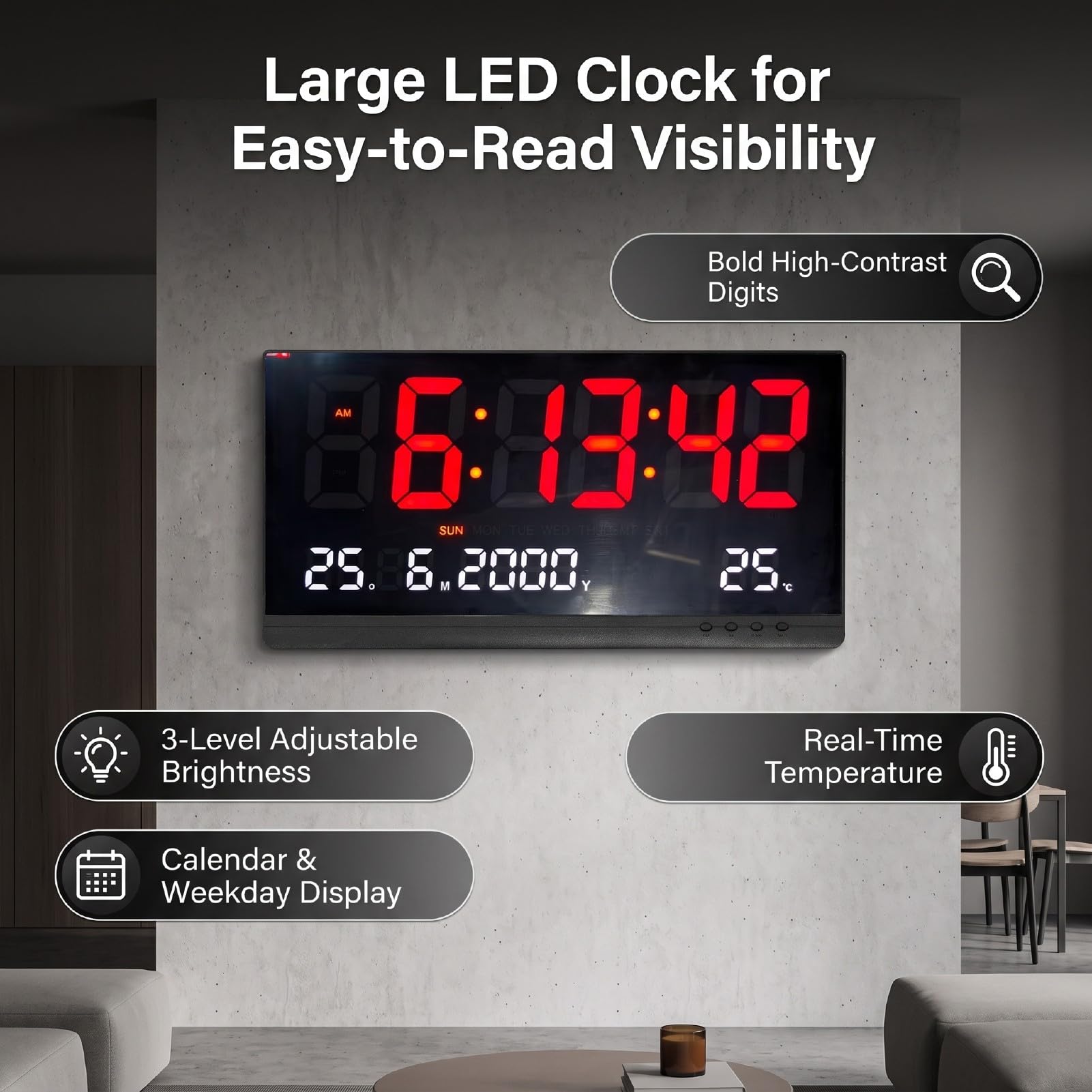 Naroote Orologio Da Parete LED Con Ampio Schermo Calendario Temperatura | 3 Livelli Di Luminosità, Display Extra Large, Formato 12/24H, Data e Giorno, Temp Ambiente, Memoria, Fessure Di Ventilazione