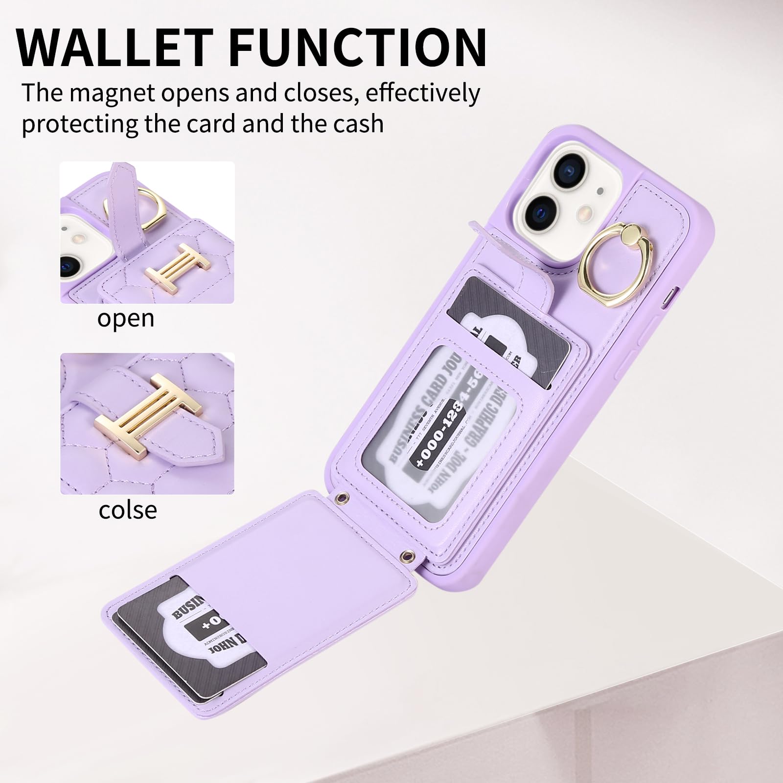 Custodia A Portafoglio Con Tracolla Per IPhone 14 (6,1'') – Pelle PU Viola, 4 Slot Carte E Cerniera