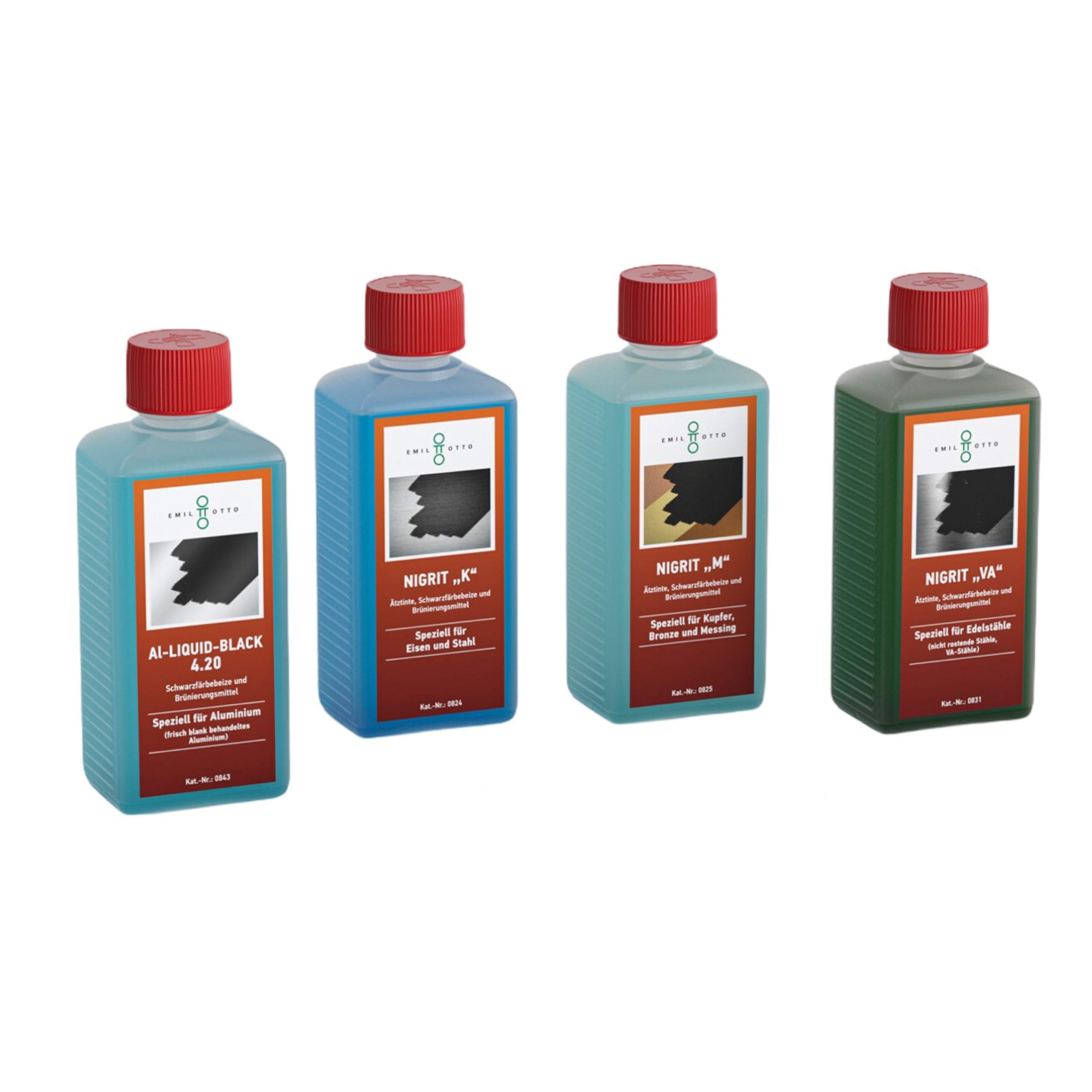 Brünier-Profi-Set: 250 g NIGRIT"K", 250 g NIGRIT"VA", 250 g NIGRIT"M", 250 g AL-Liquid-Black 4.20