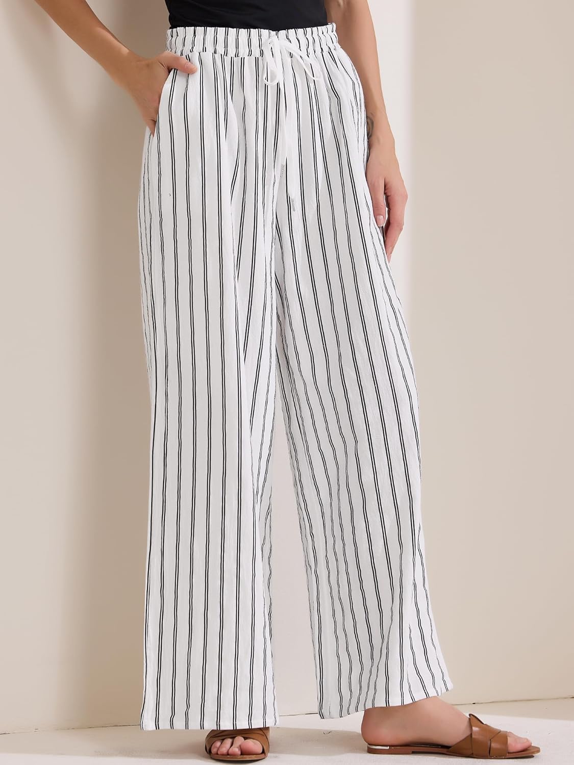 Allegra K Women's Casual Drawstring Stripe Pants Wide Leg High Waist Cotton Loose Pants - Image 2