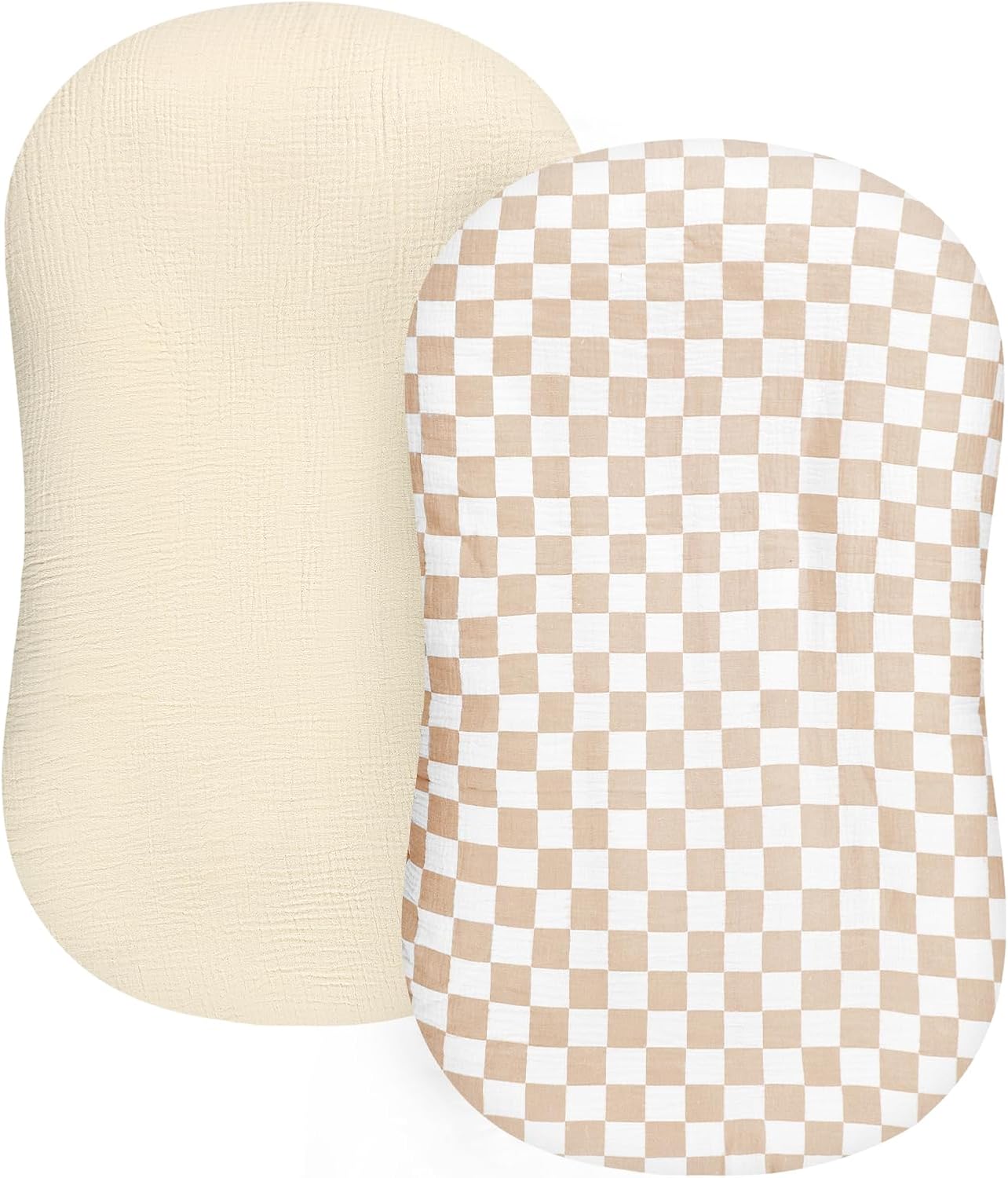 DILIMI Baby Lounger Covers, 2 Pack Muslin Newborn Lounger Cover, Soft Comfortable Removable Infant Pillow Slipcover for Girl and Boy, Beige & Brown Checkered (Lounger not Included)