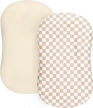 DILIMI Baby Lounger Covers, 2 Pack Muslin Newborn Lounger Cover, Soft Comfortable Removable Infant Pillow Slipcover for Girl and Boy, Beige & Brown Checkered Lounger not Included