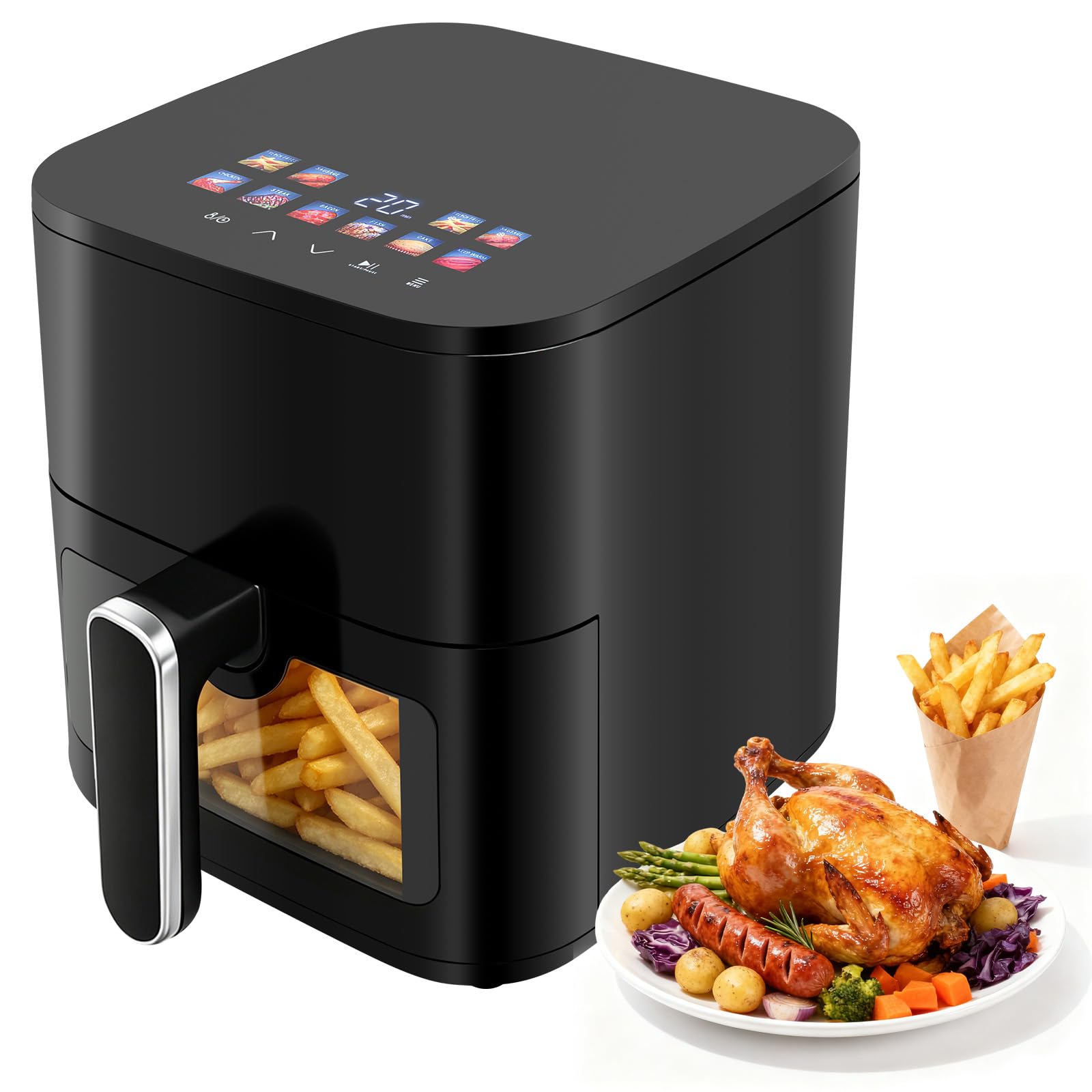 Freidora de aire caliente, 4,5 L, 1200 W, 8 programas | Pantalla LED digital, ventana de visualización, temporizador, freidora sin aceite