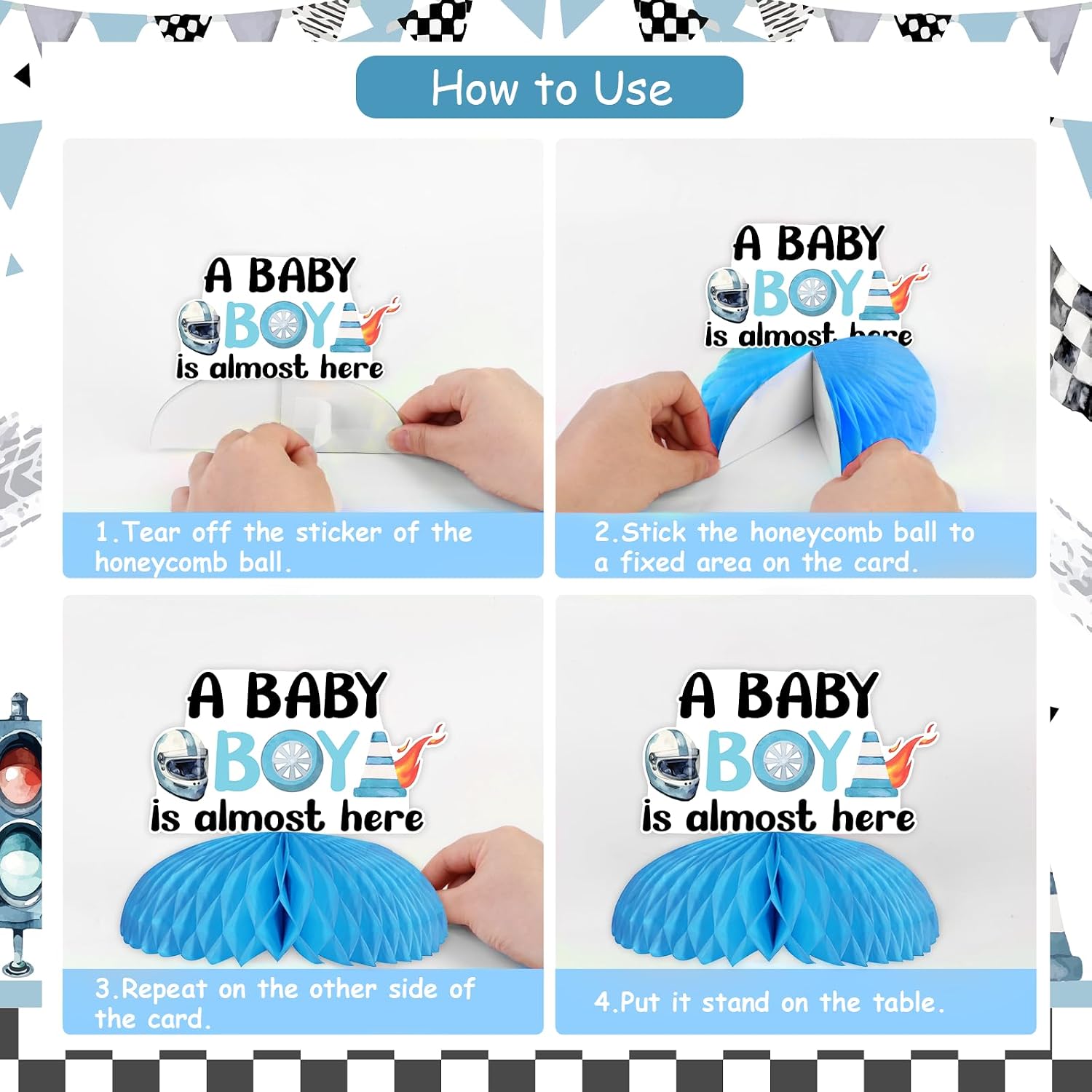 8 Pieces Vintage Blue Race Car Baby Shower Honeycomb Centerpieces - A Baby Boy is Almost Here Table Decorations, Double Sided Racing Car Table Toppers for Pregnancy Celebration Newborn Party