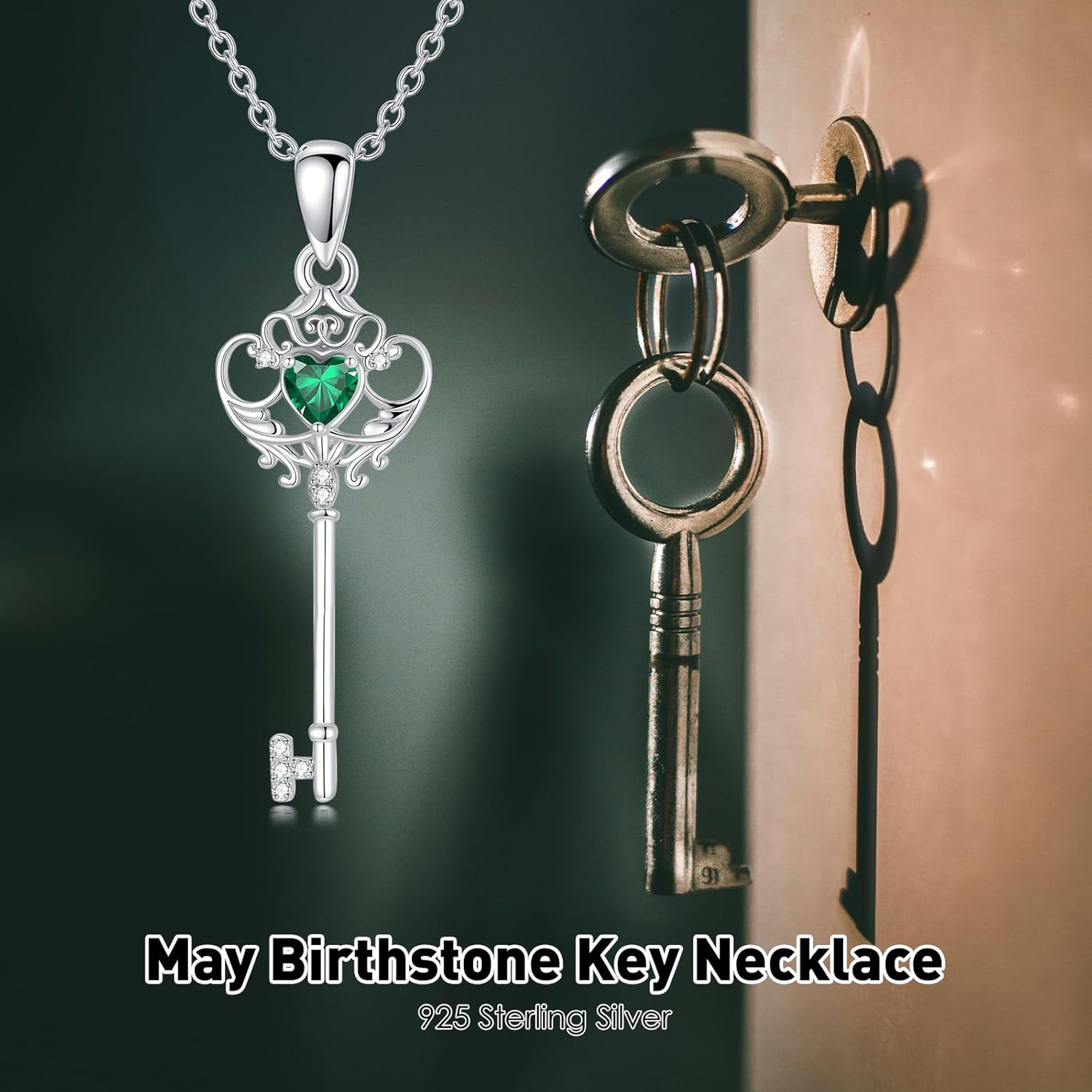 Key Necklace 925 Sterling Silver Birthstone Heart Key Pendant Birthstone Jewelry for Women - Image 2