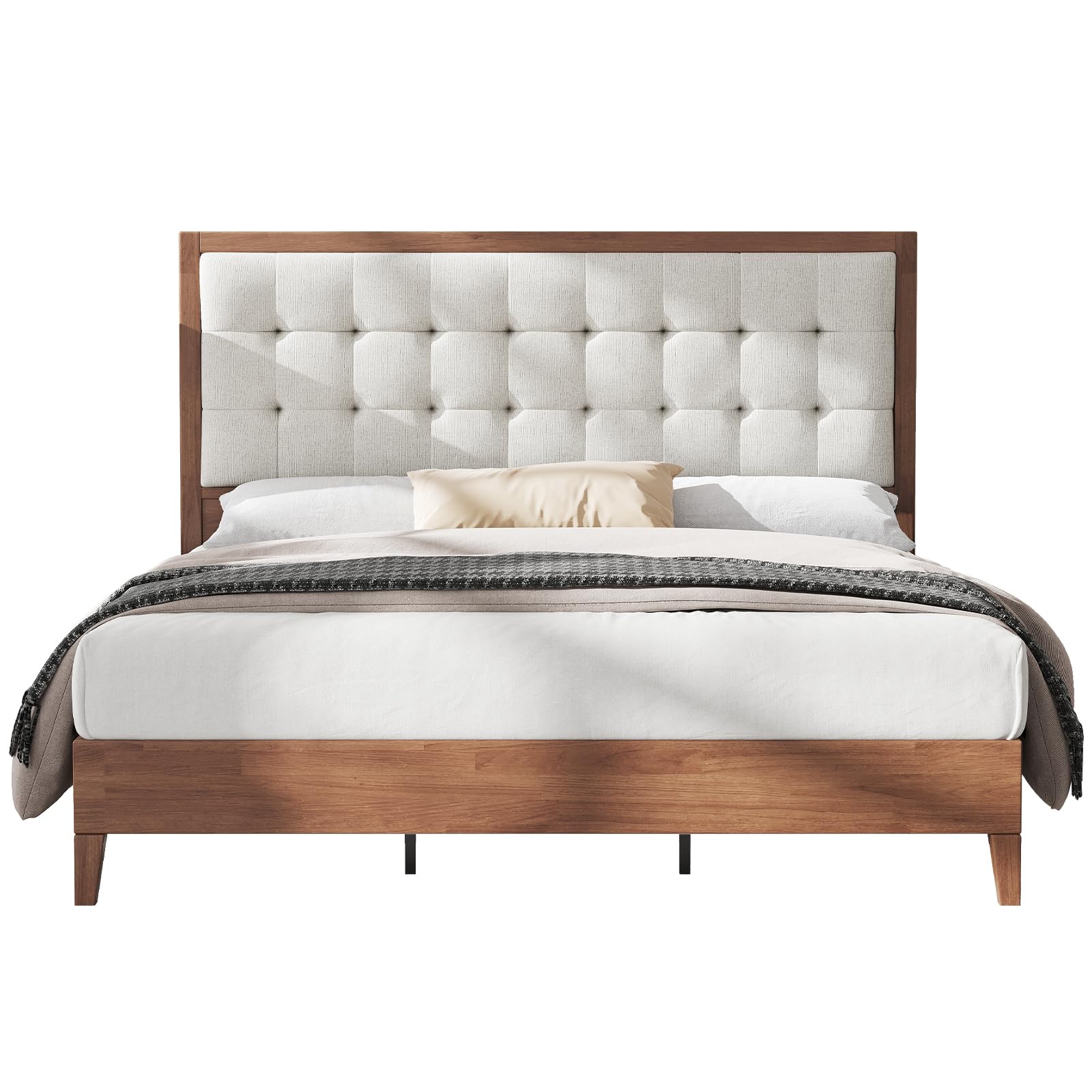 AMERLIFE Wood Full Platform Bed with Headboard, Mid-Century Modern Style, Box Spring Not Needed, Walnut