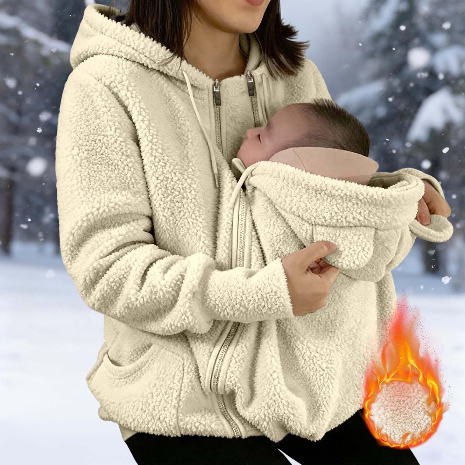 Générique Veste de maternité d'hiver polaire avec insert amovible pour bébé, capuche et poches partagées - Manteau chaud en coton doux pour allaitement et extérieur, confortable et fonctionnel