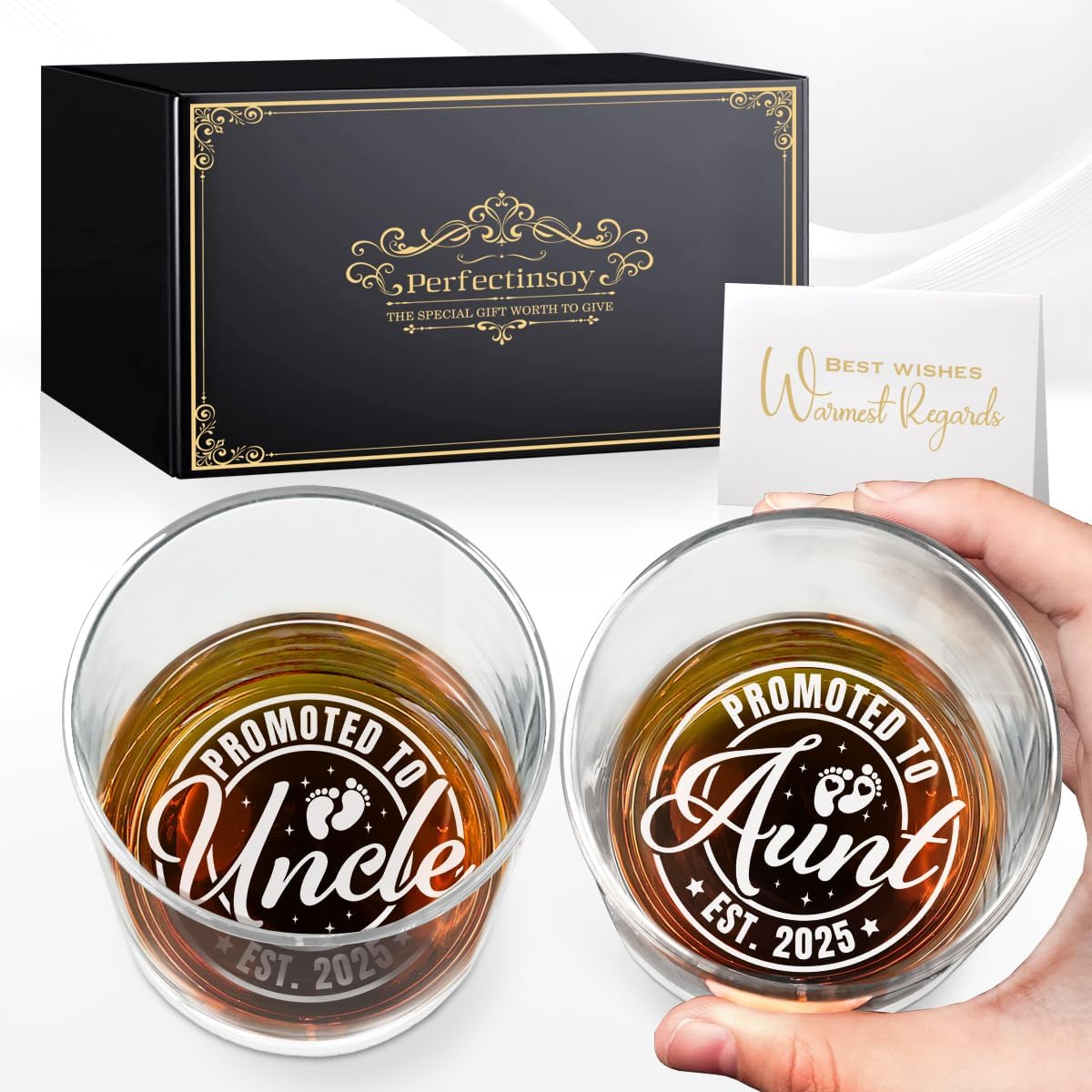 Perfectinsoy Promoted To Aunt Uncle Funny Whiskey Glasses with Gift Box, Personalized Bottom Printed Whiskey Glasses, Pregnancy Announcement Gifts for Brothers Sisters - Gifts for New Uncles New Aunts