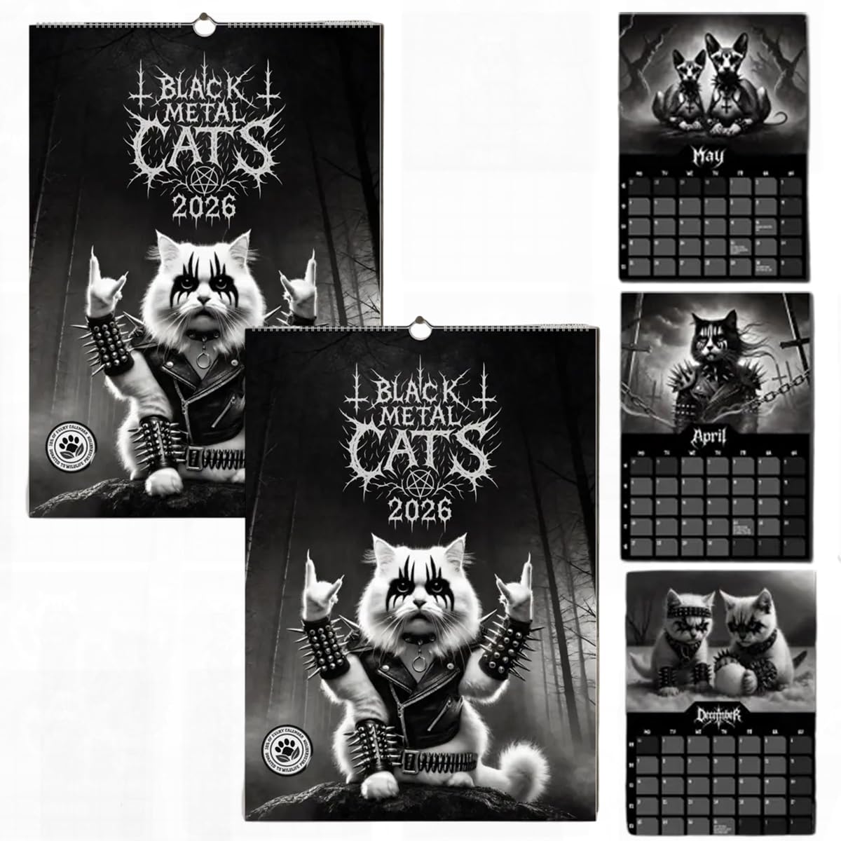 Black Metal Cats 2026 - Wall Calendar 2026, 12-Month Gothic Cat Art Monthly Planner, Spiral Bound Heavy Metals C at Illustration Calendar for Ca t Lovers (2PCS)